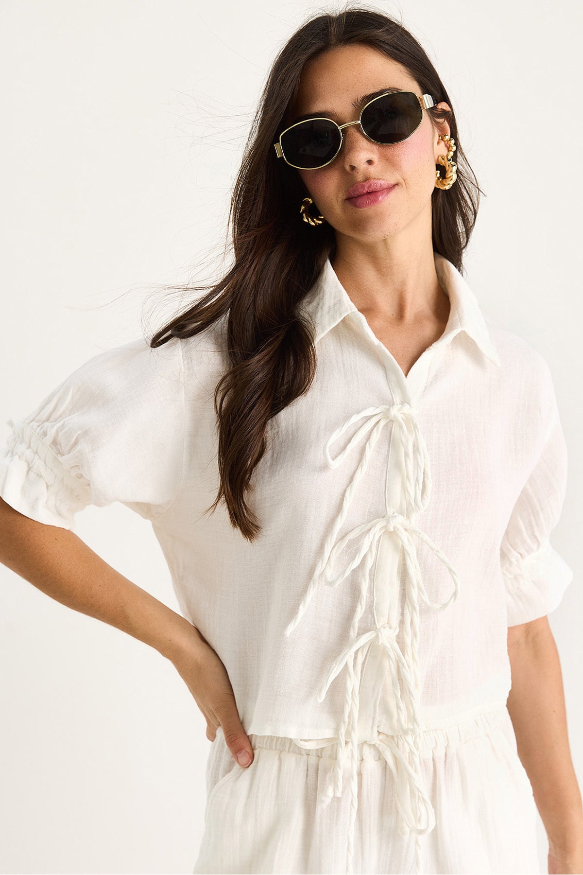 Women's Tie Detailed Sleeves Gathered Muslin Crop Shirt 2111 60283446