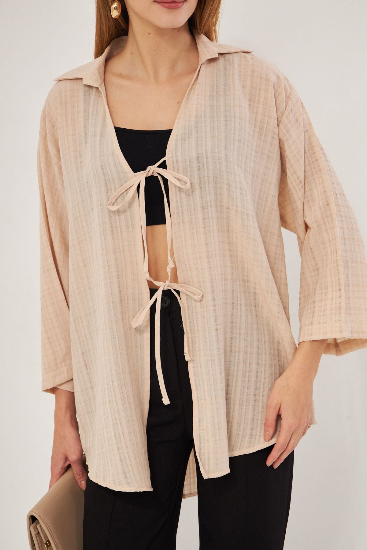 Female Beige shirt collar with front laces Kimono shirt ARM-25K001006
