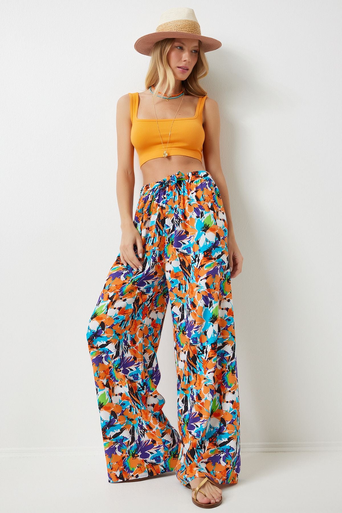 Woman Sky Blue Orange Patterned Viscose Palazzo Pants EN00606