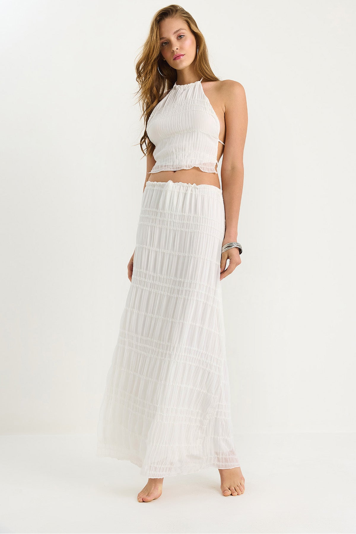 Women's Back Detailed Crop Blouse Lined Pleated Skirt Set 9542 60283444