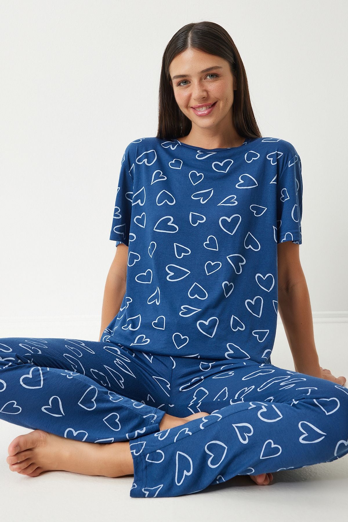 Female navy blue patterned viscose pants T-shirt pajama set EC00046