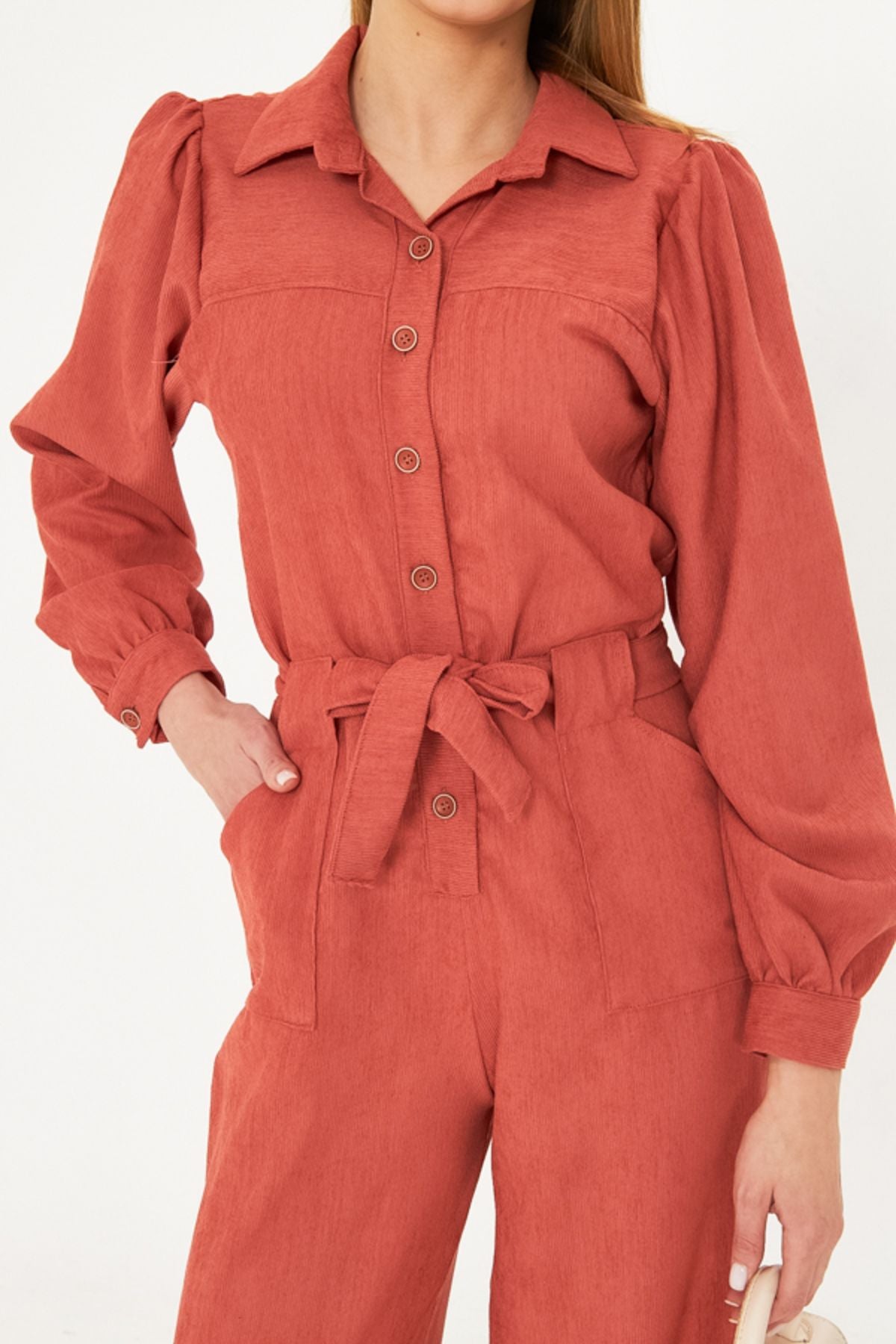 Female salmon with front buttoned pocket belt velvet overalls ARM-25K001084