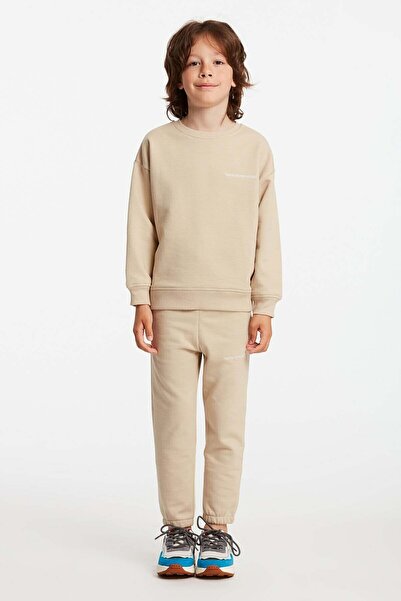 Majuro Boy's Embroidered Beige Tracksuit Set