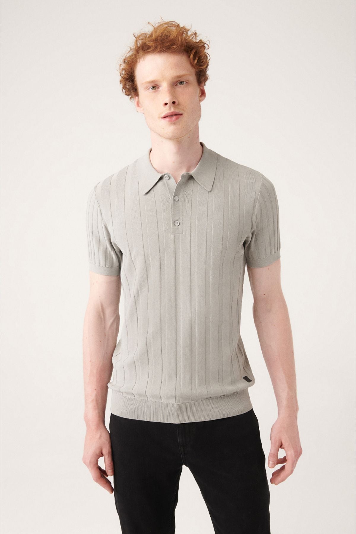 Men's gray wick knitting detailed Polo collar knitwear T-shirt A31y5011