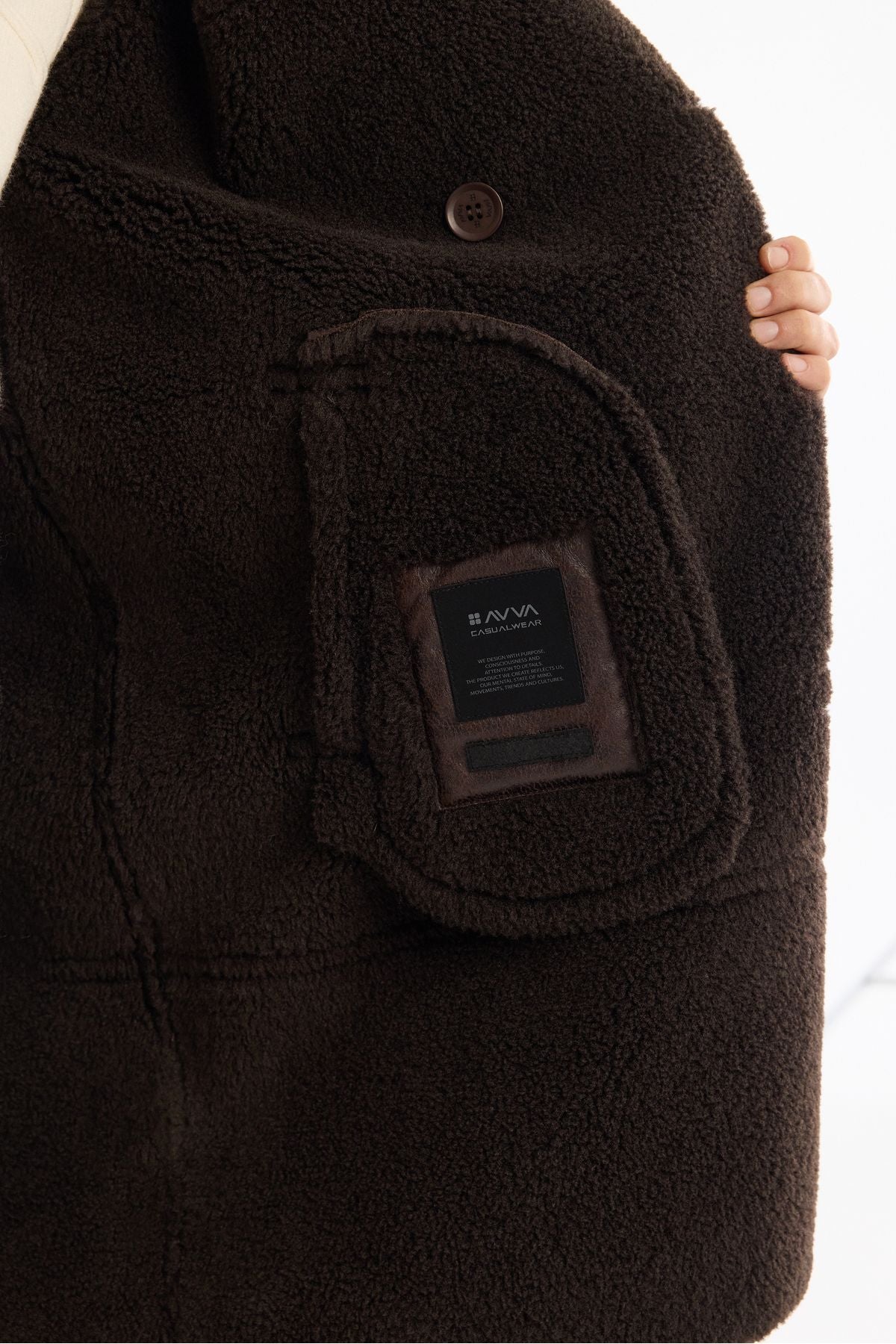 Men's coffee fur mono collar leather -looking long napa coat A42y6125