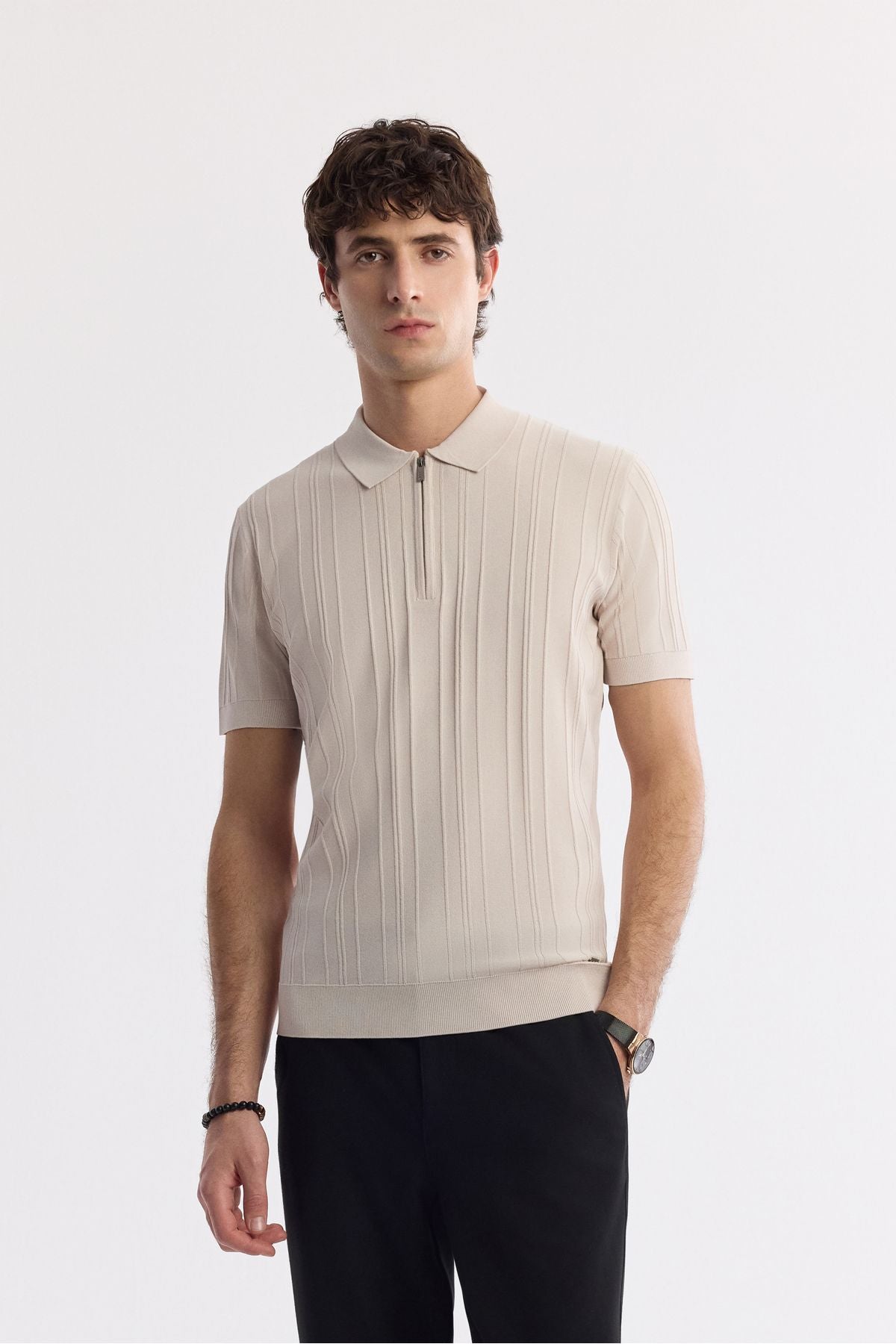 Men's Beige Polo Yaka Zippered Wick Knit Detailed Rayon Triko T-Shirt A51Y5046