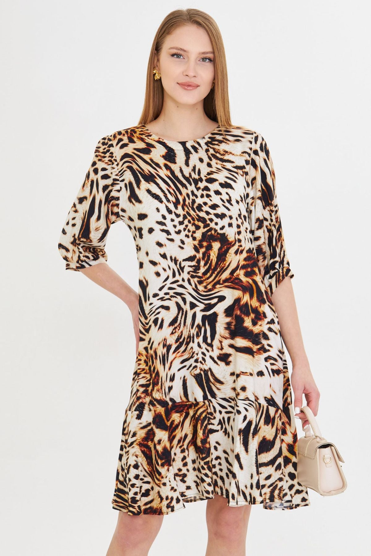 Female Beige Zero Yaka Quarter Sleeve Skirt Volan Dress ARM-25Y001007