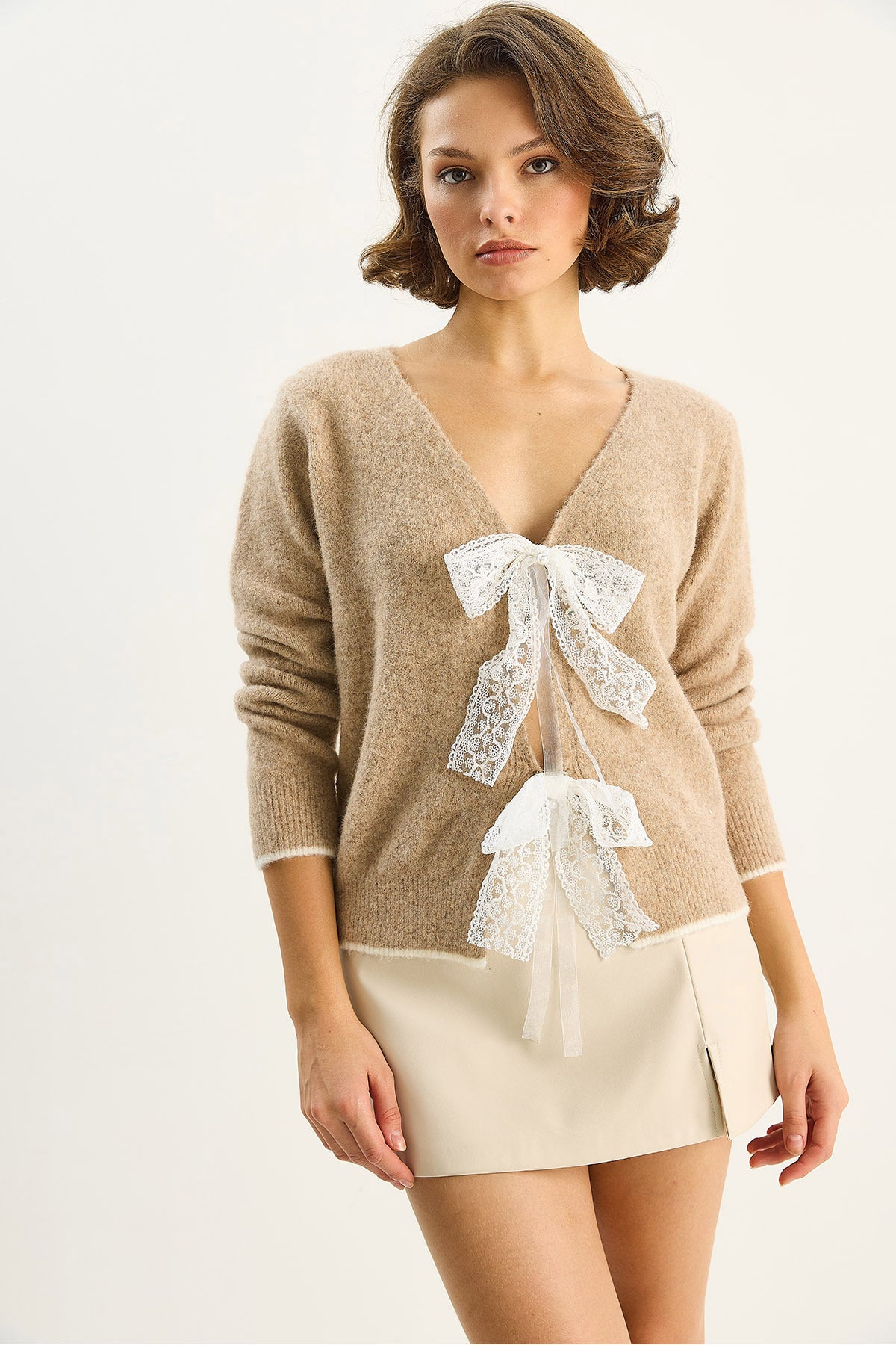 Women's V-Neck Bow Accessory Closure Knitwear Cardigan 9056 60283707