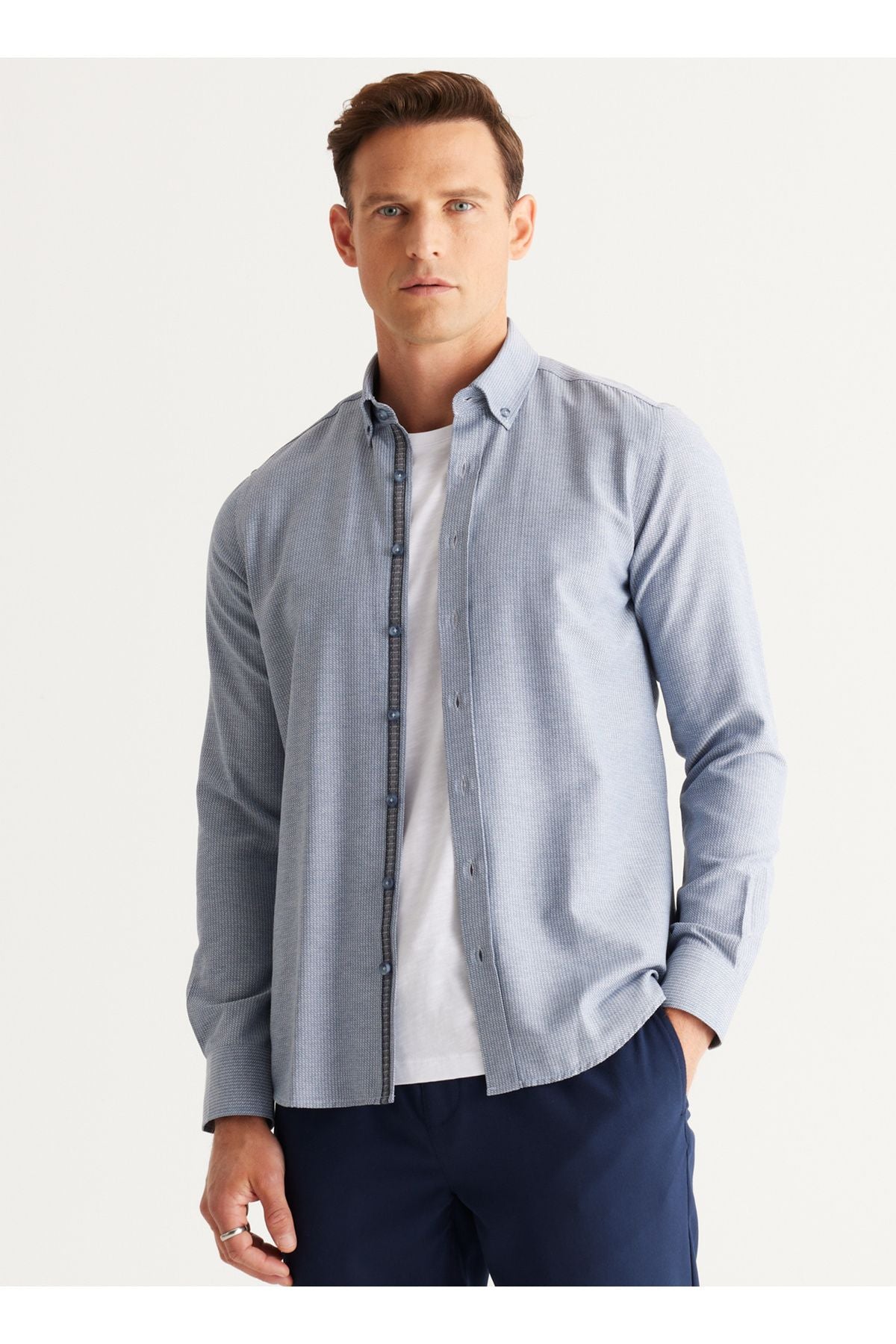 Altınyyıldız Classics Slim Fit button collar indigo men's shirt 4a2024100006