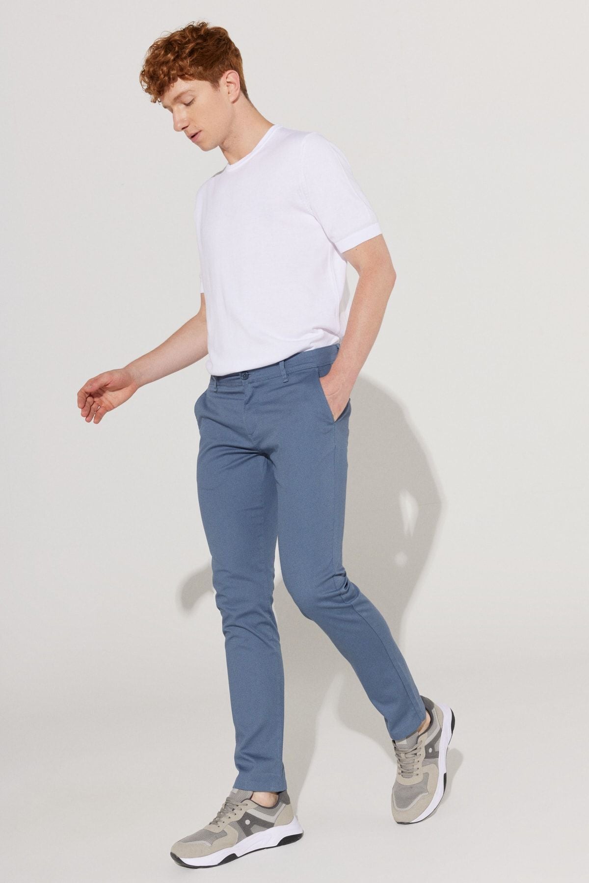 Men's blue slim fit narrow cut cotton flexible comfortable trousers