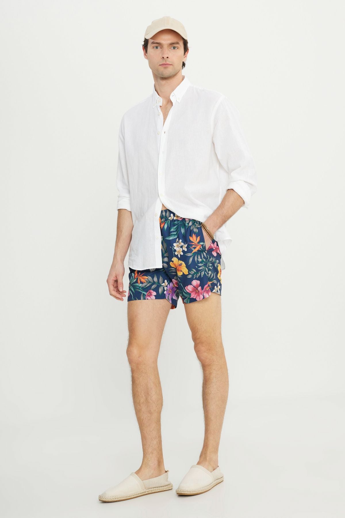 Men's navy blue standard fit normal cutting pocket quickly dry patterned swimsuit sea shorts