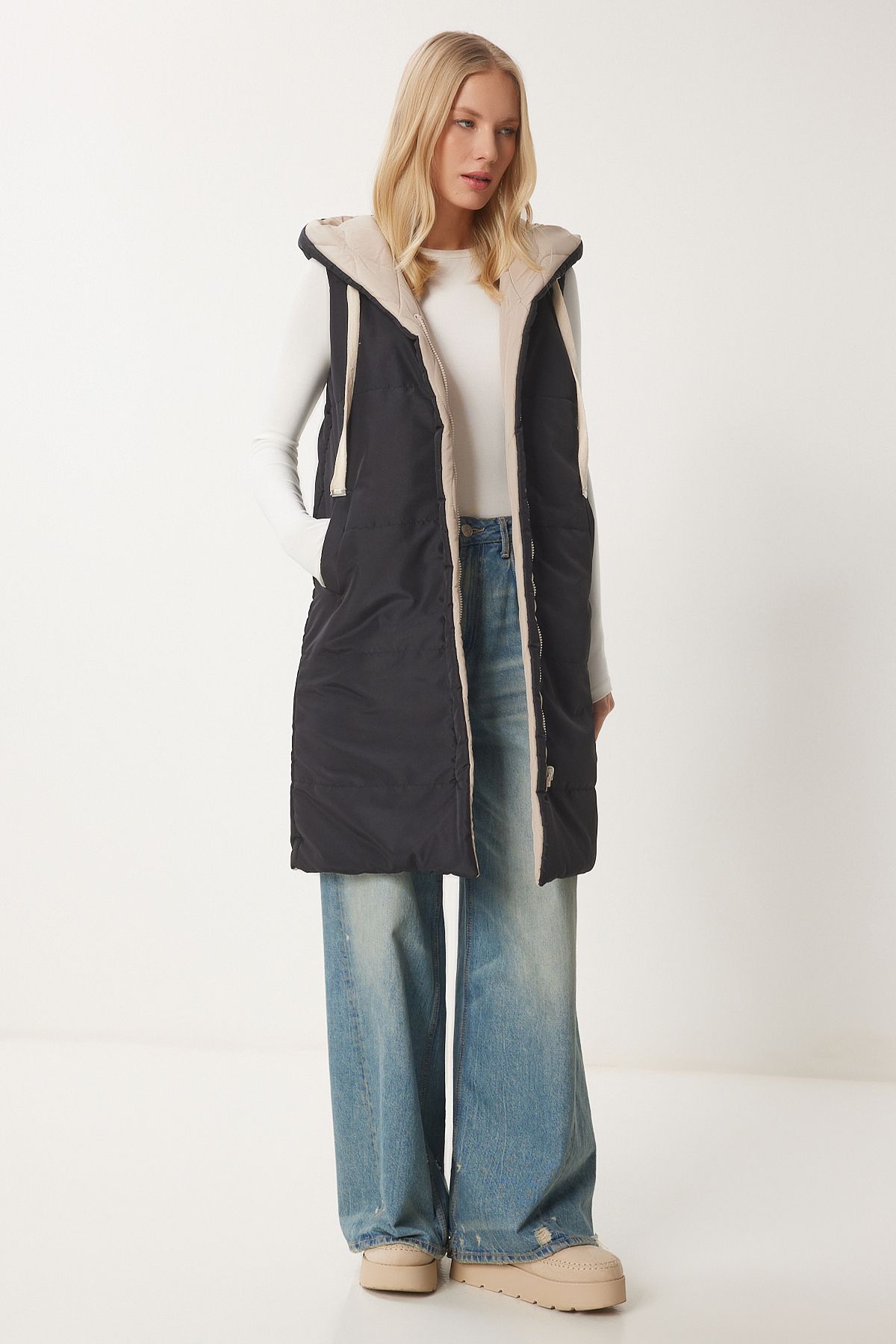 Female black beige hooded double -sided swelling vest NT00437
