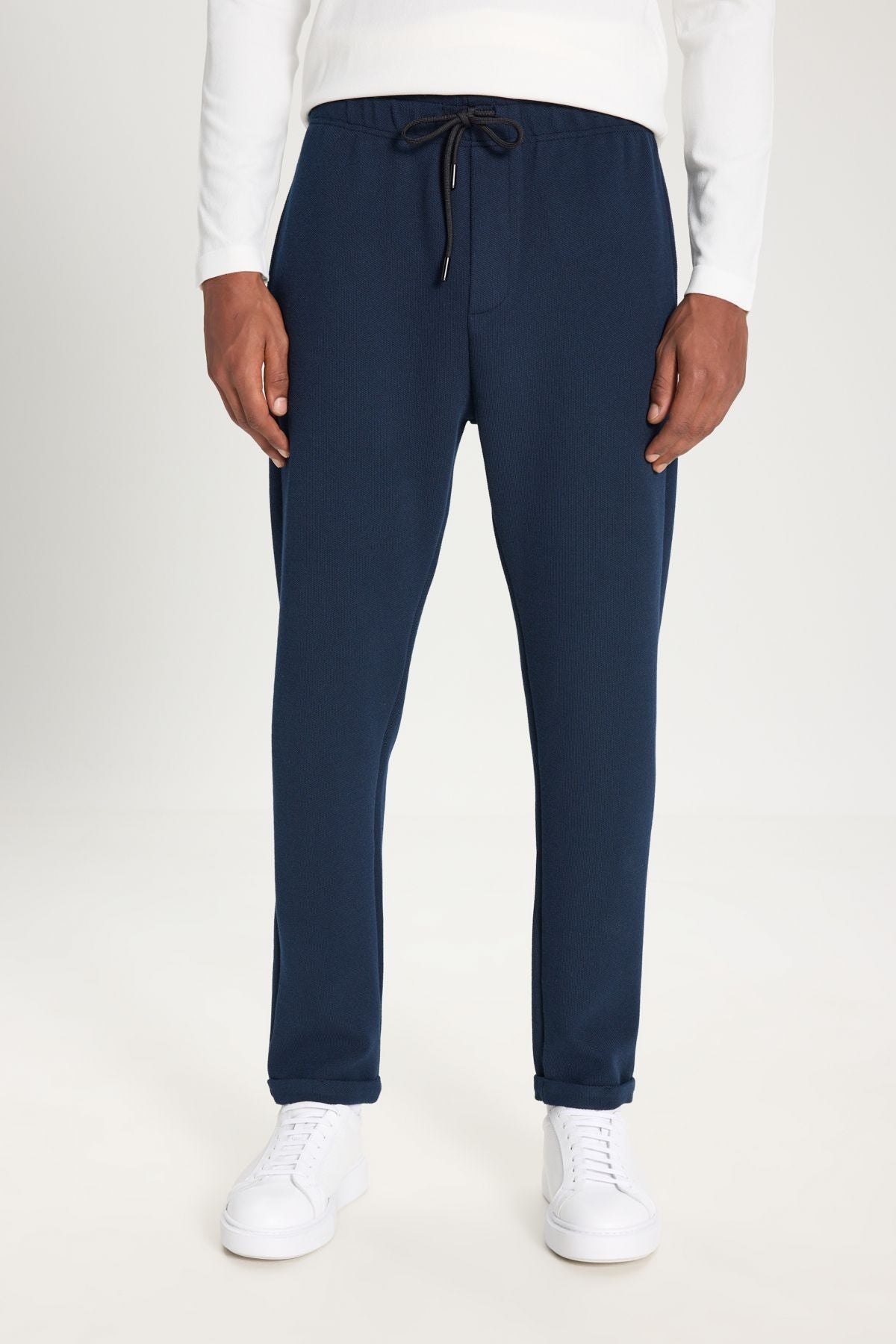 Men's Navy Blue Standard Fit Normal Cutting Pocket Flexible Knitting Pants
