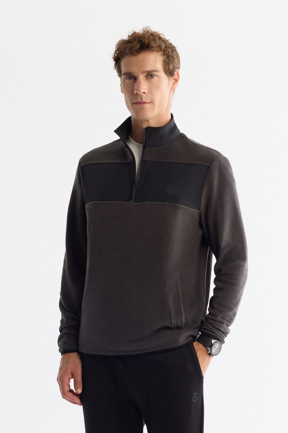Erkek Antrasit Soğuğa Dayanıklı Fermuarlı Dik Yaka Polar Sweatshirt A42y1380
