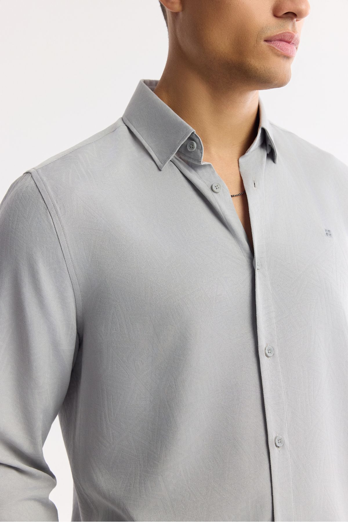 Men's gray bottom Brit with British Viscose Mixed Jacquar Comfort Fit Long Sleeve Shirt A51Y2043