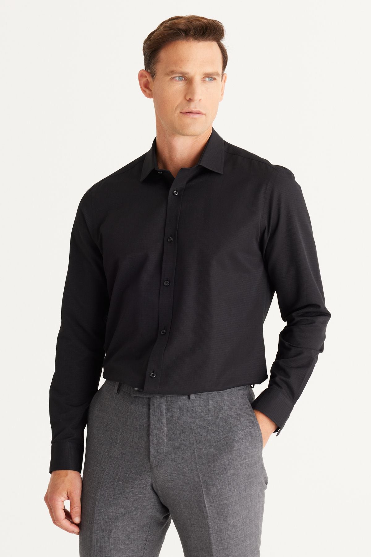 Men's black slim fit narrow tight cut cotton Astructural shirt