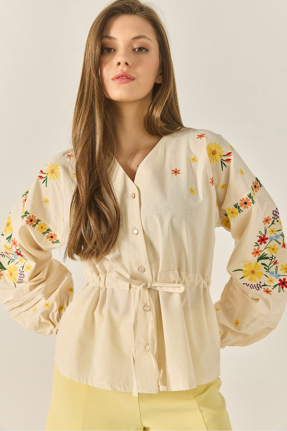 Women's V-Neck Embroidered Waist Tied Linen Shirt with Elastic Sleeves 2007 60283308