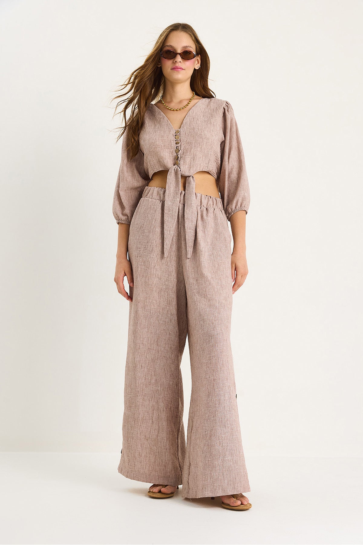 Women's Tie Detailed Blouse Lined Bottom-Top Suit with Button-Cuffed Trousers 9266 60281046