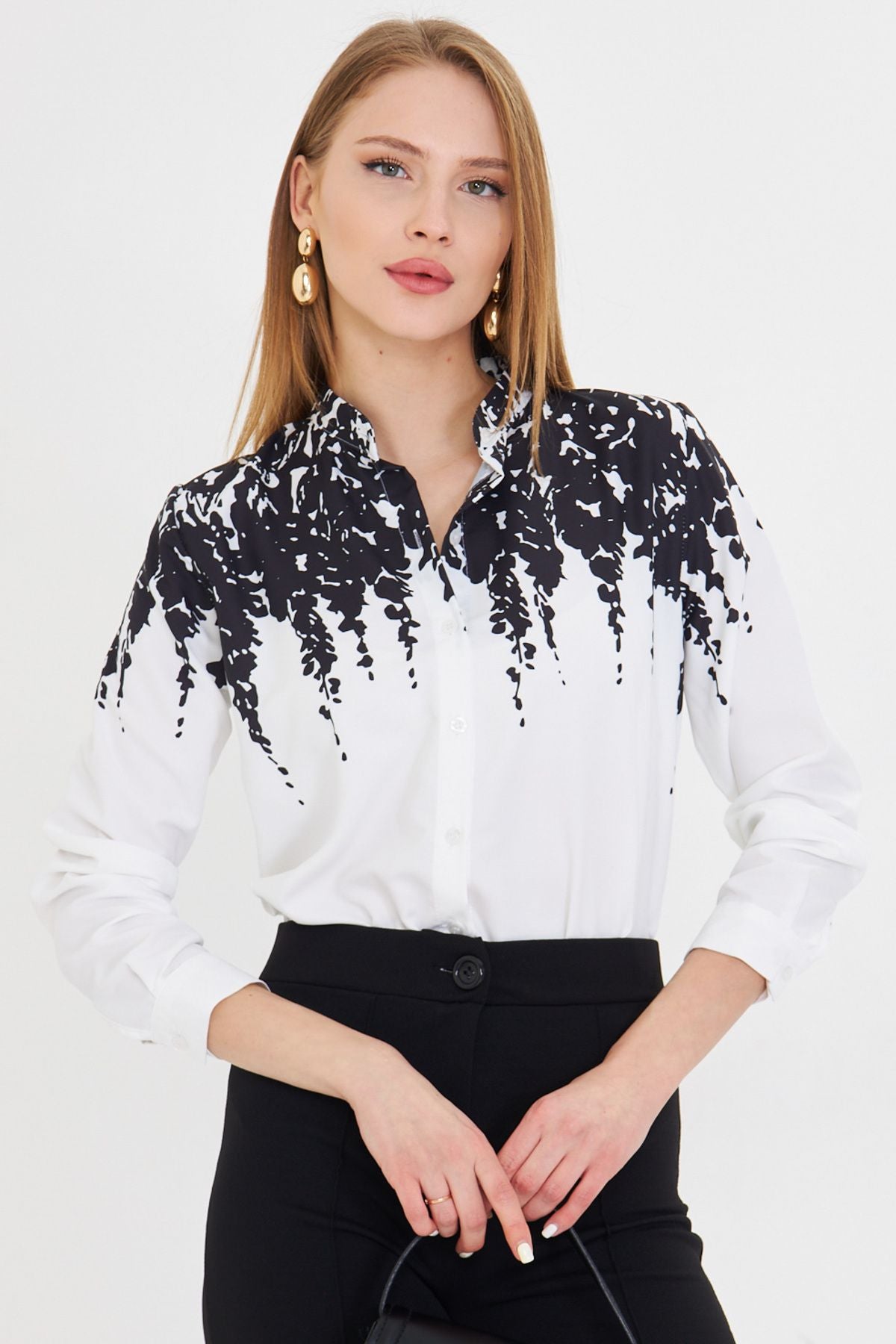 Female Black Judge Yaka Polyviskon Satin Patterned Shirt ARM-25Y001013