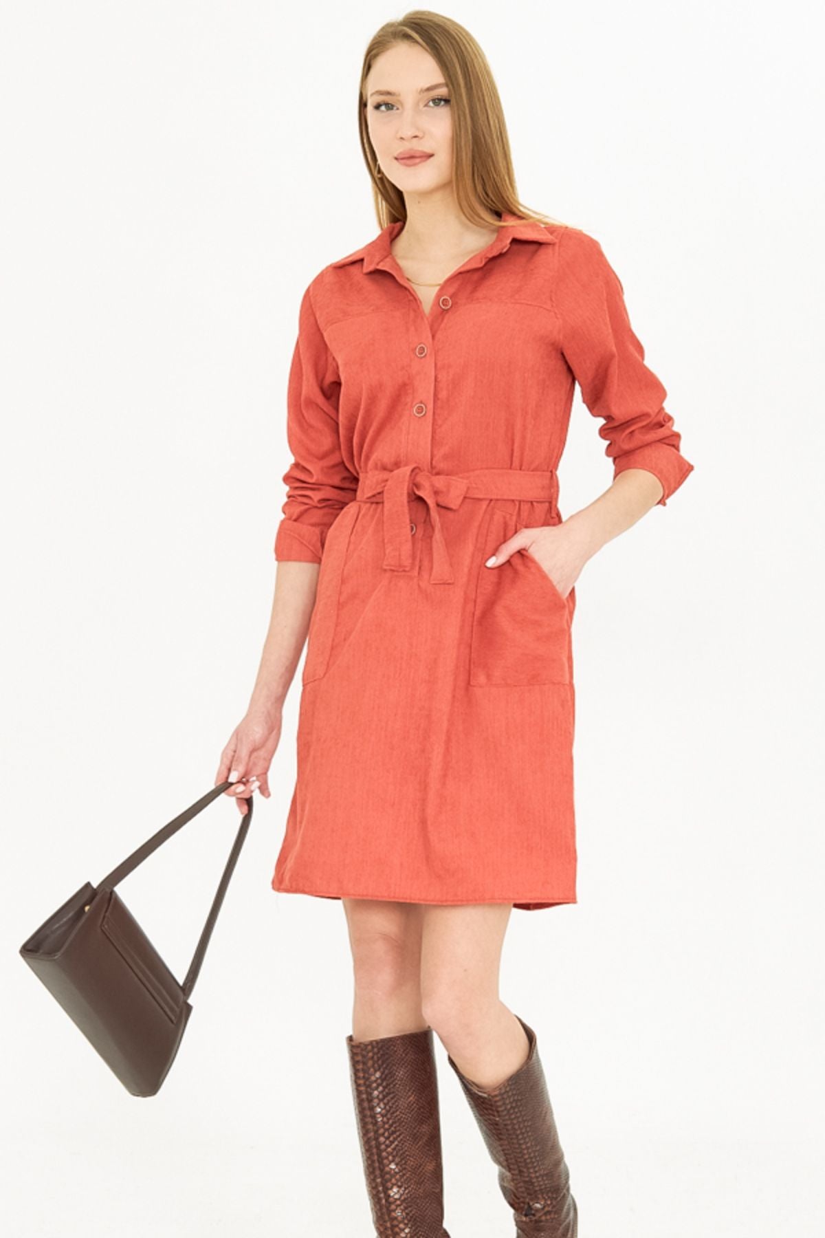 Female salmon with front buttoned pocket belt velvet dress ARM-25K001085