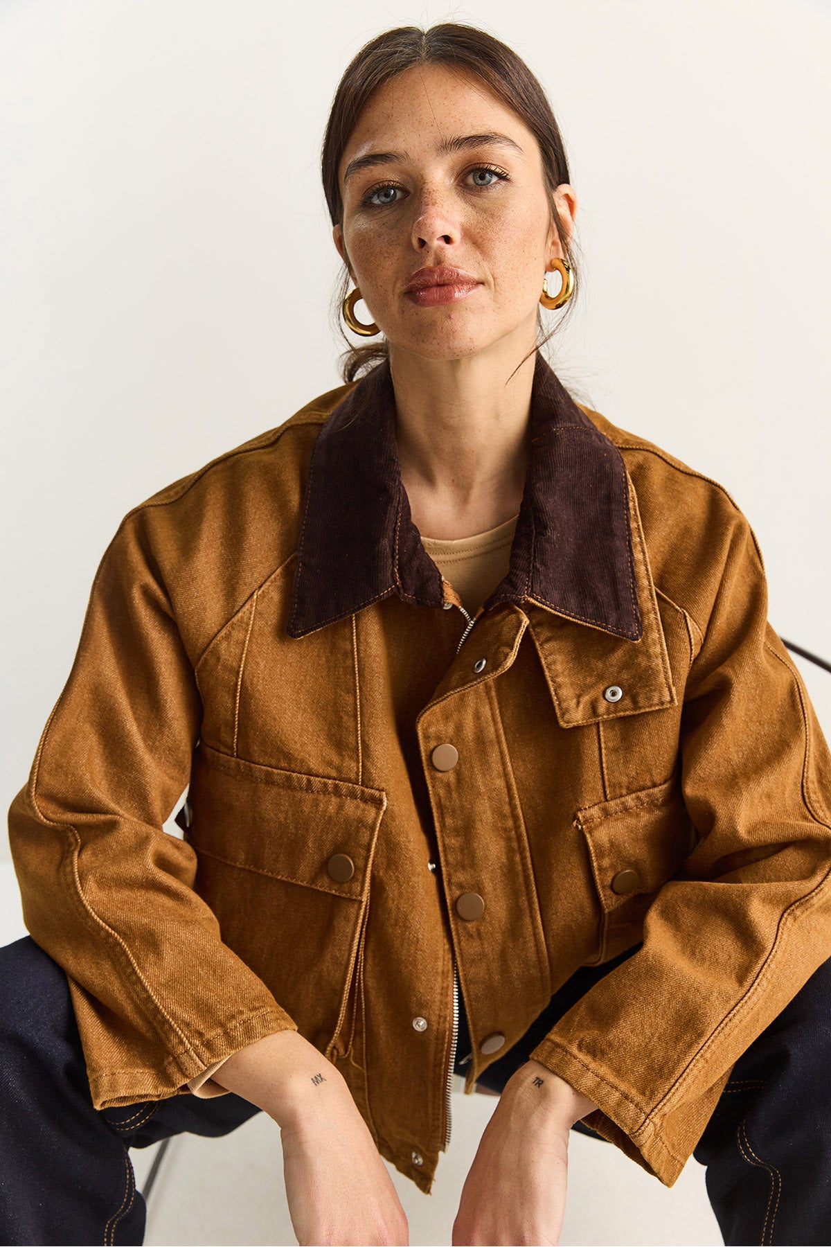 Women's Contrast Velvet Collar Detailed Large Pocket Gabardine Oversize Denim Jacket 6051 60283862