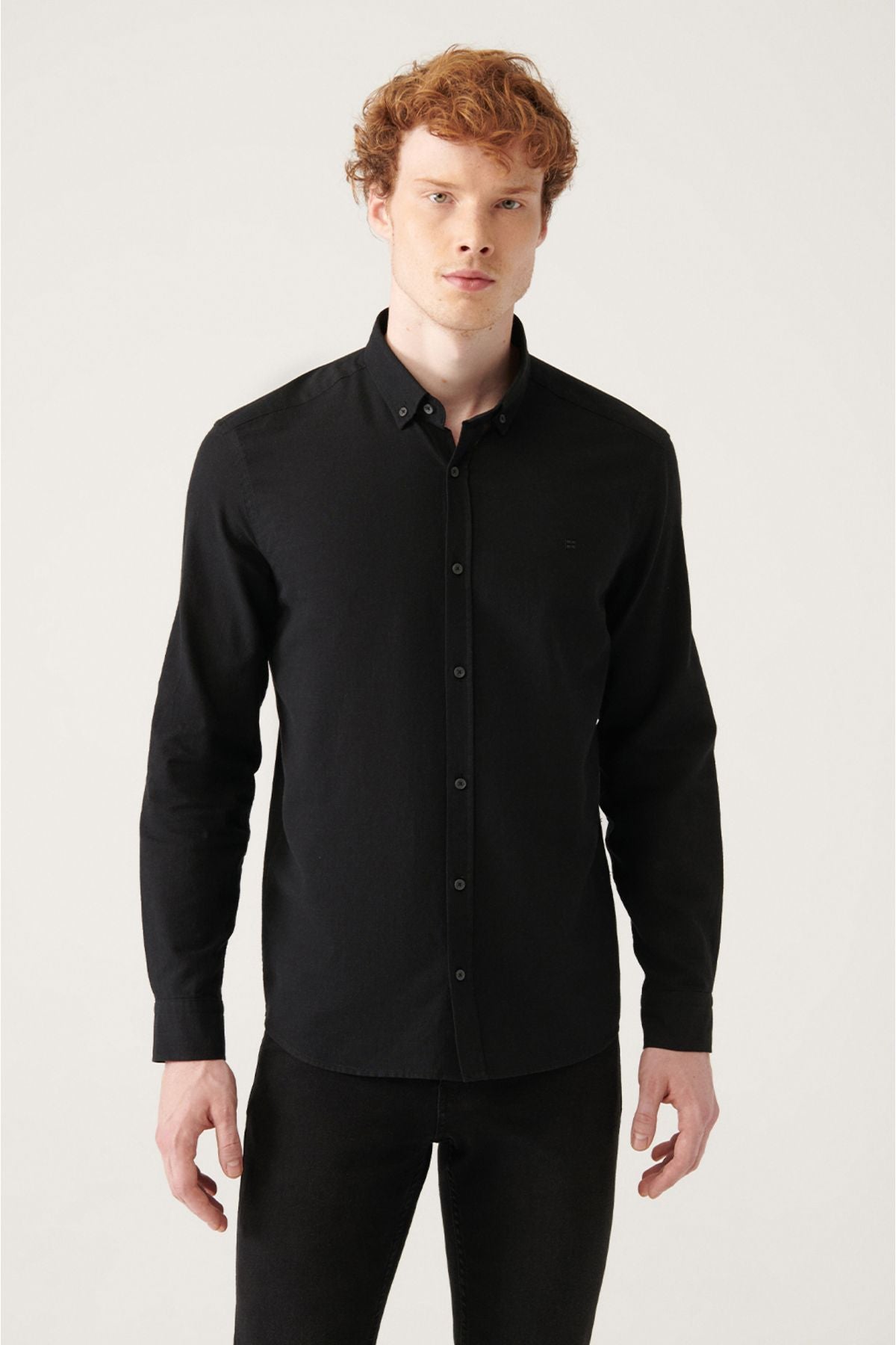 Men's black button collar 100 %cotton linen textured shirt E002141