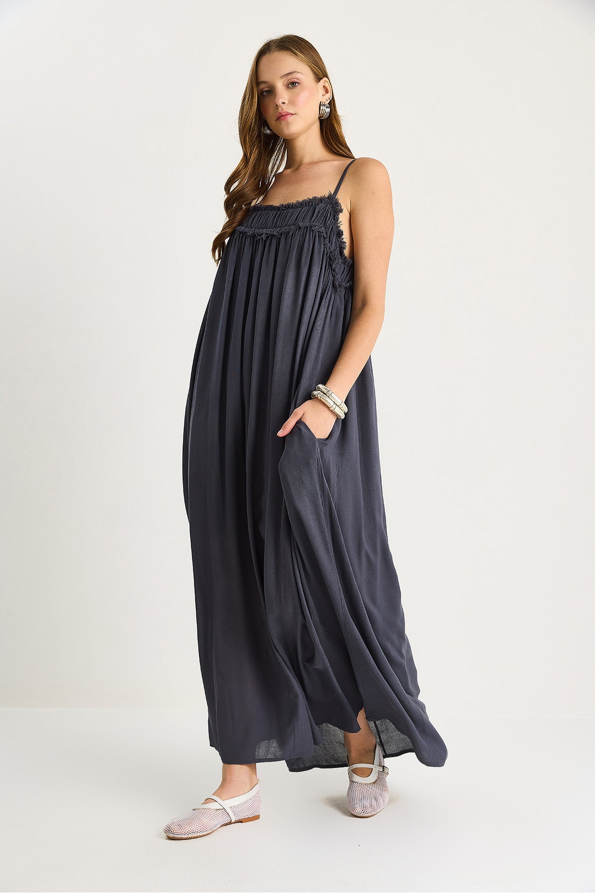 Women's Thin Strap Gathered Pocket Detailed Lined Thin Cotton Dress 60283512