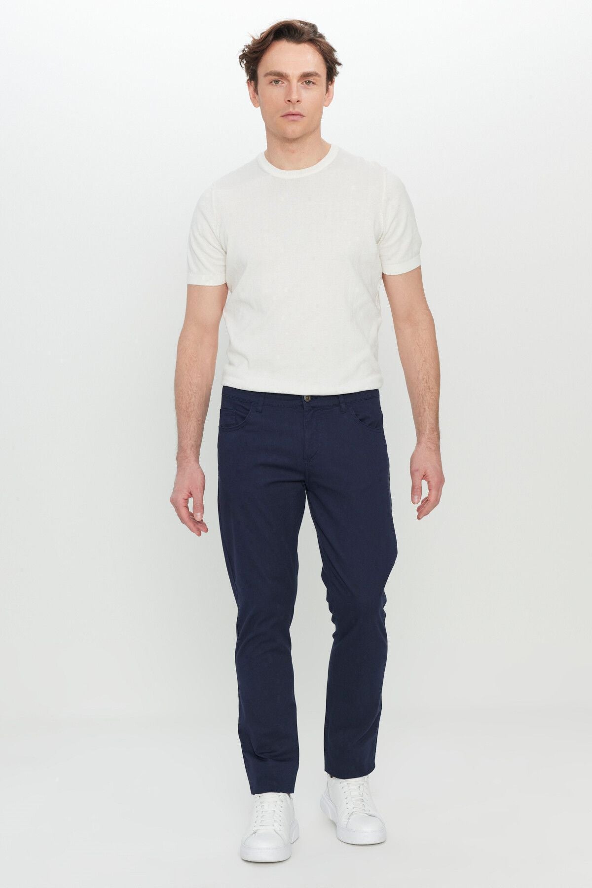 Men's navy blue cotton slim fit narrow cut 5 pocket flexible casual pants