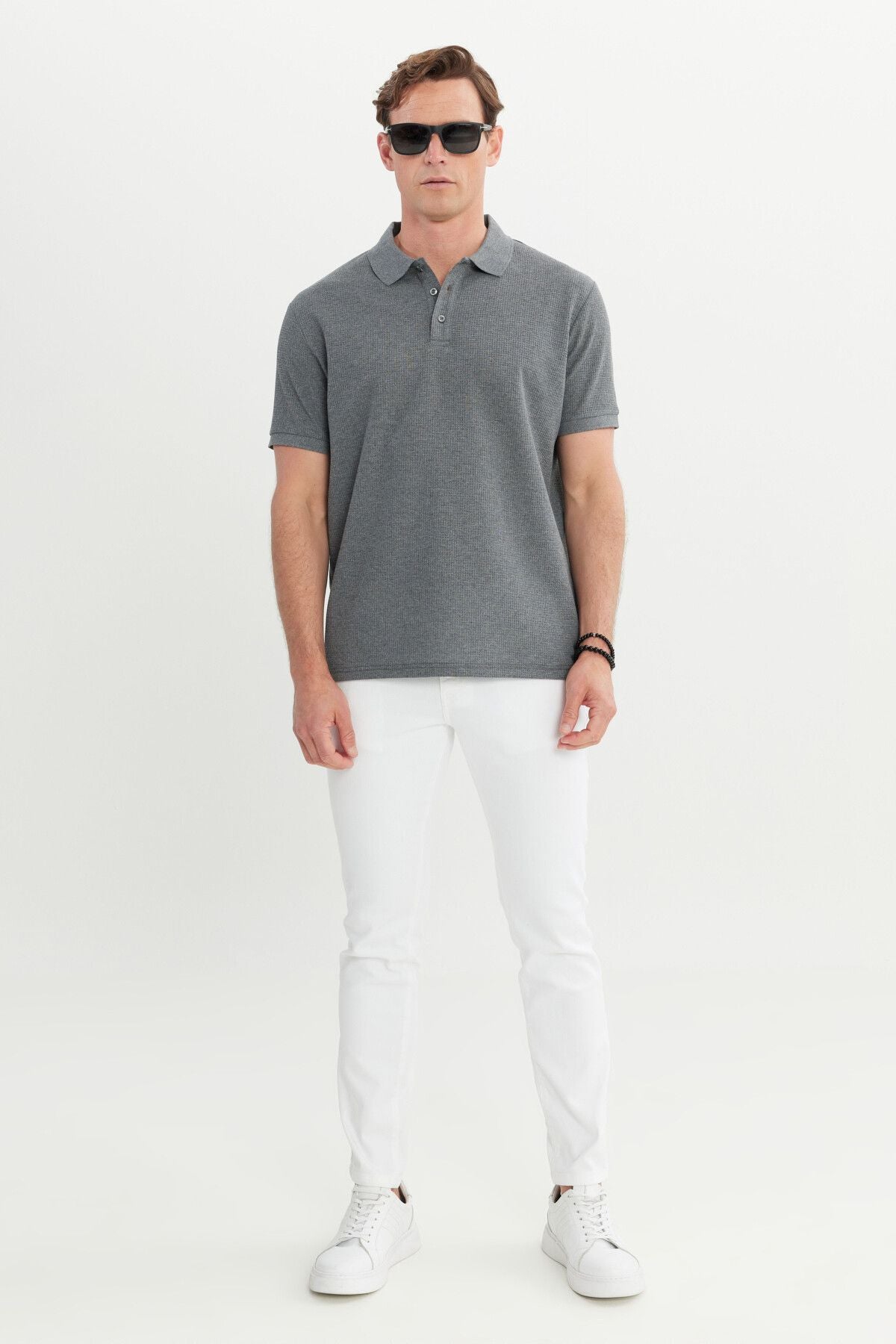 Men's anthracite-melanj cotton standard fit Normal cut pattern Polo collar T-shirt