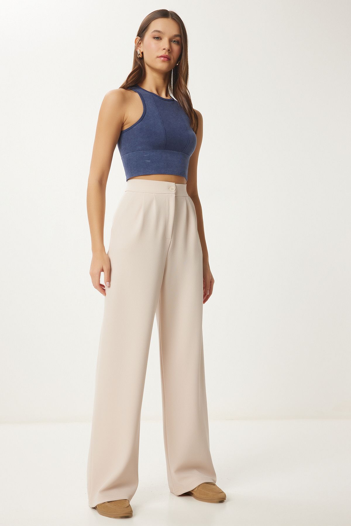 Women's Cream Lycled Comfortable Palazzo Knitting Pants RV00175