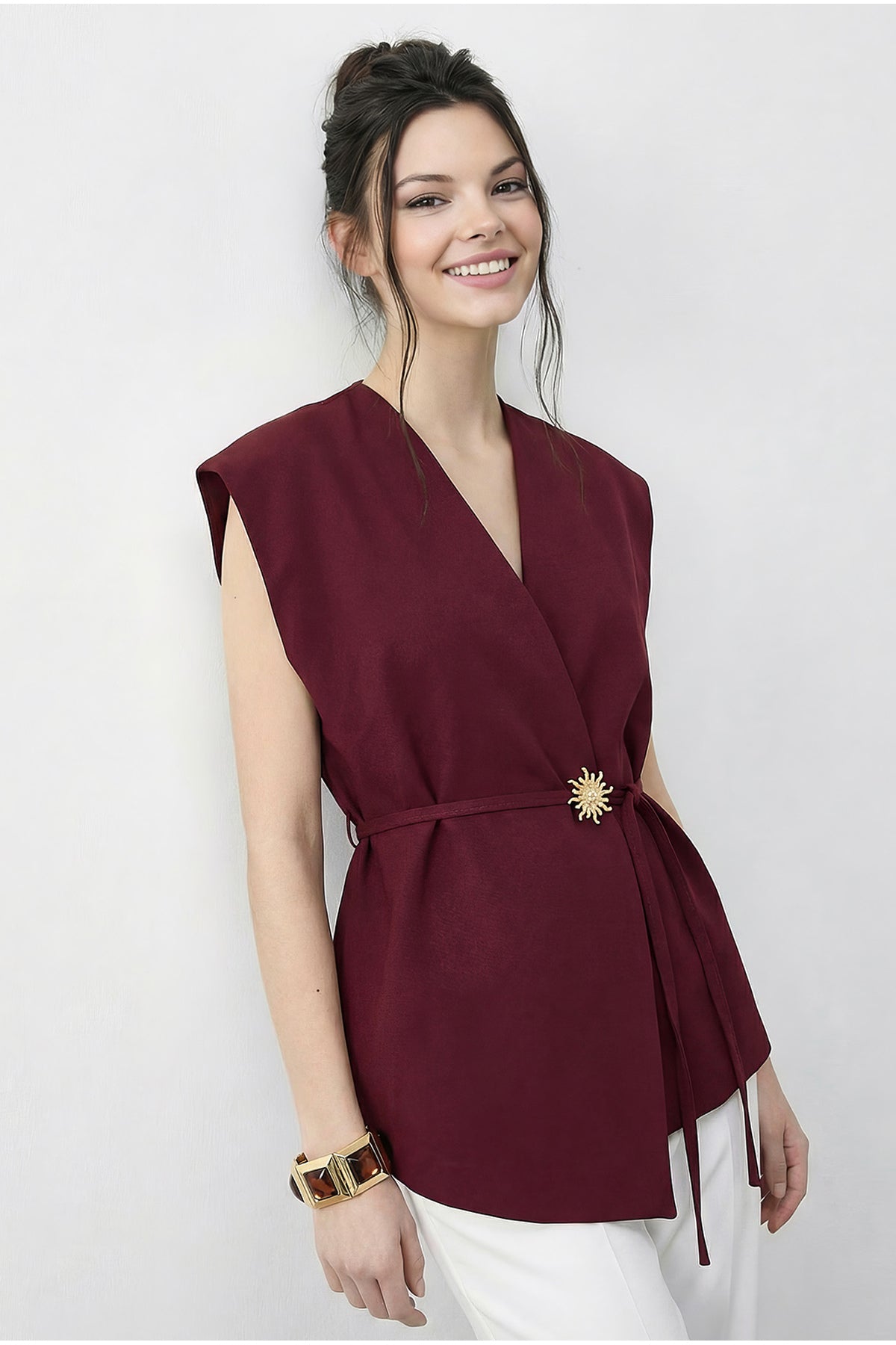 Women's Stylish Buttoned Belted Woven Vest 11145 60283987