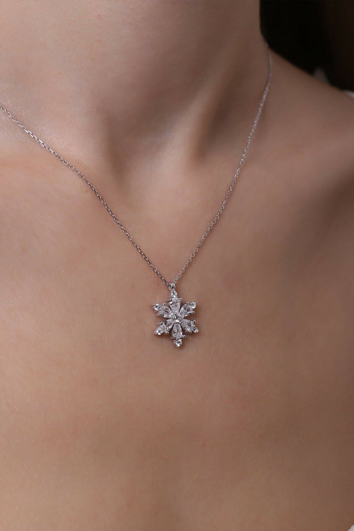 Camellia Flower White Stone 14 K Rose Gold Plated Women Necklace