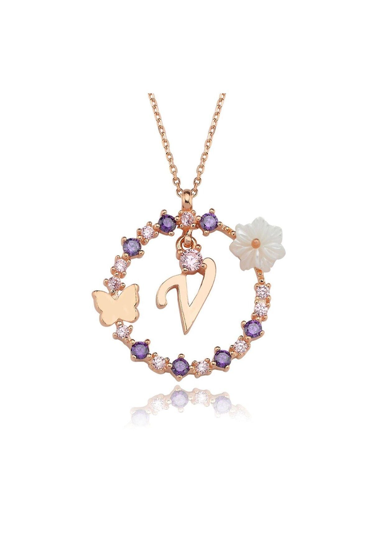 Magnolia Flower Dreams Glitter 14k Rose Gold V Letter Women's Necklace
