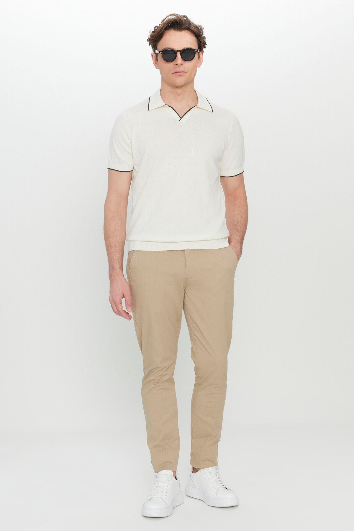 Men's Ecru 100 %Cotton Standard Fit Normal Cut Polico Triko T -shirt