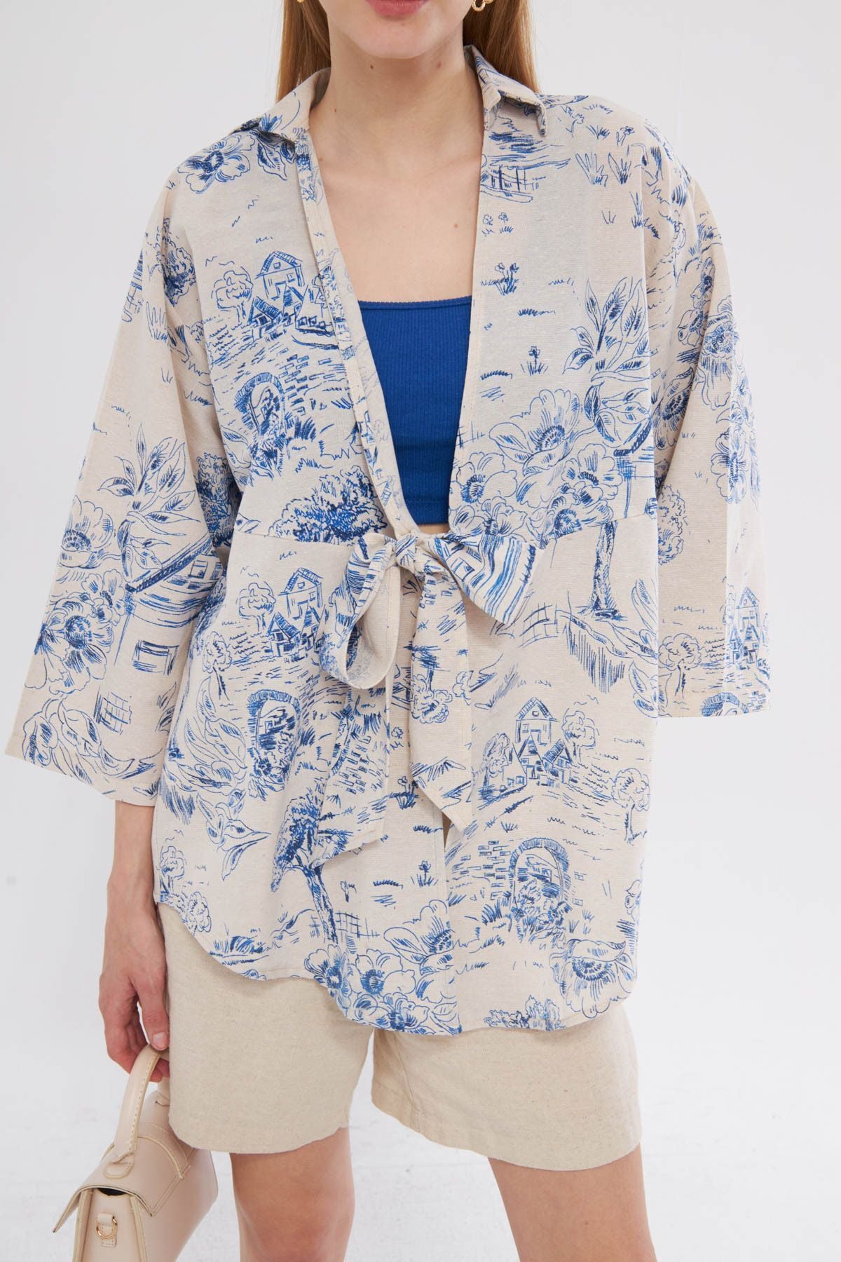 Female Blue Patterned Linen-looking front-binding kimono shirt ARM-24Y001079