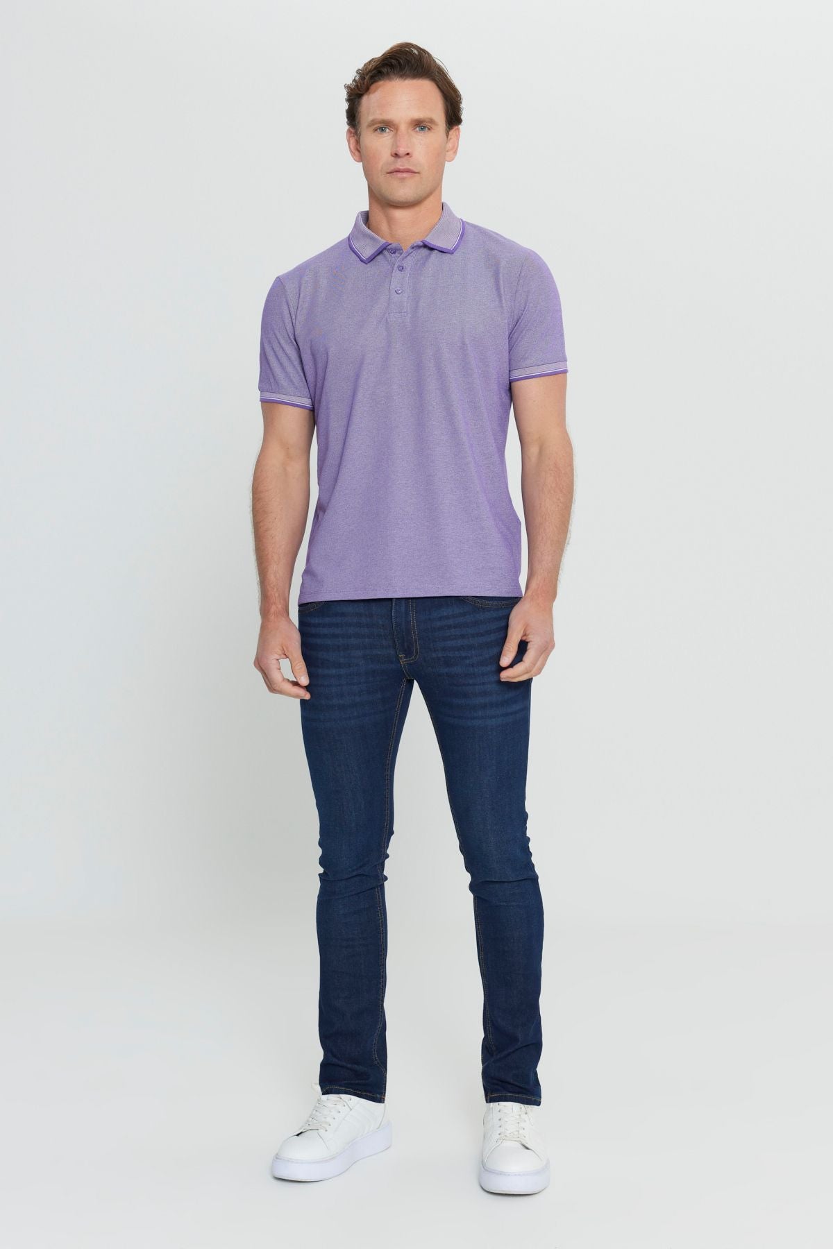 Men-Plugging Cotton Fabric Slim Fit Narrow Cut Purple-White Curlled Polo Yaka T-shirt