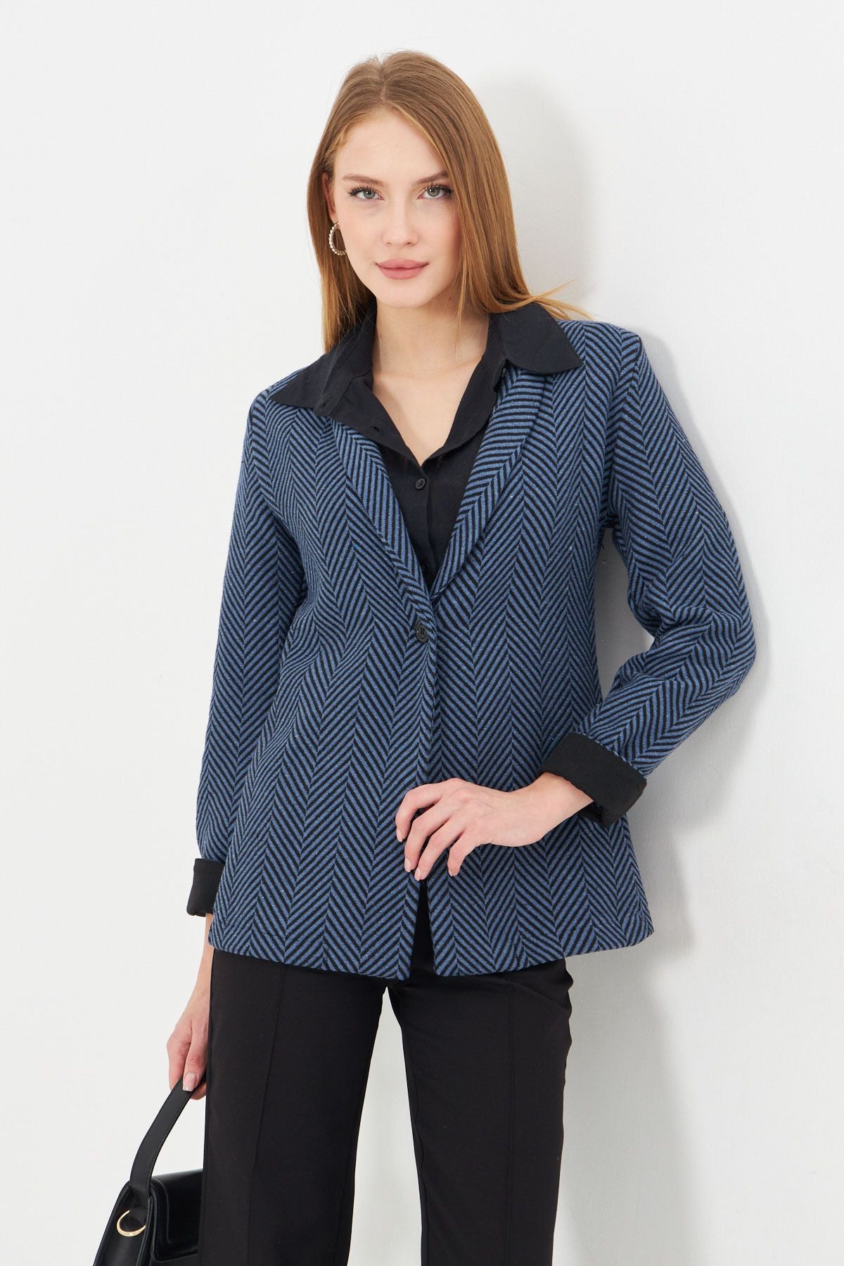 Woman Dark Blue Fish Pattern Pattern Folding Single buttoned stamp jacket ARM-24K001066