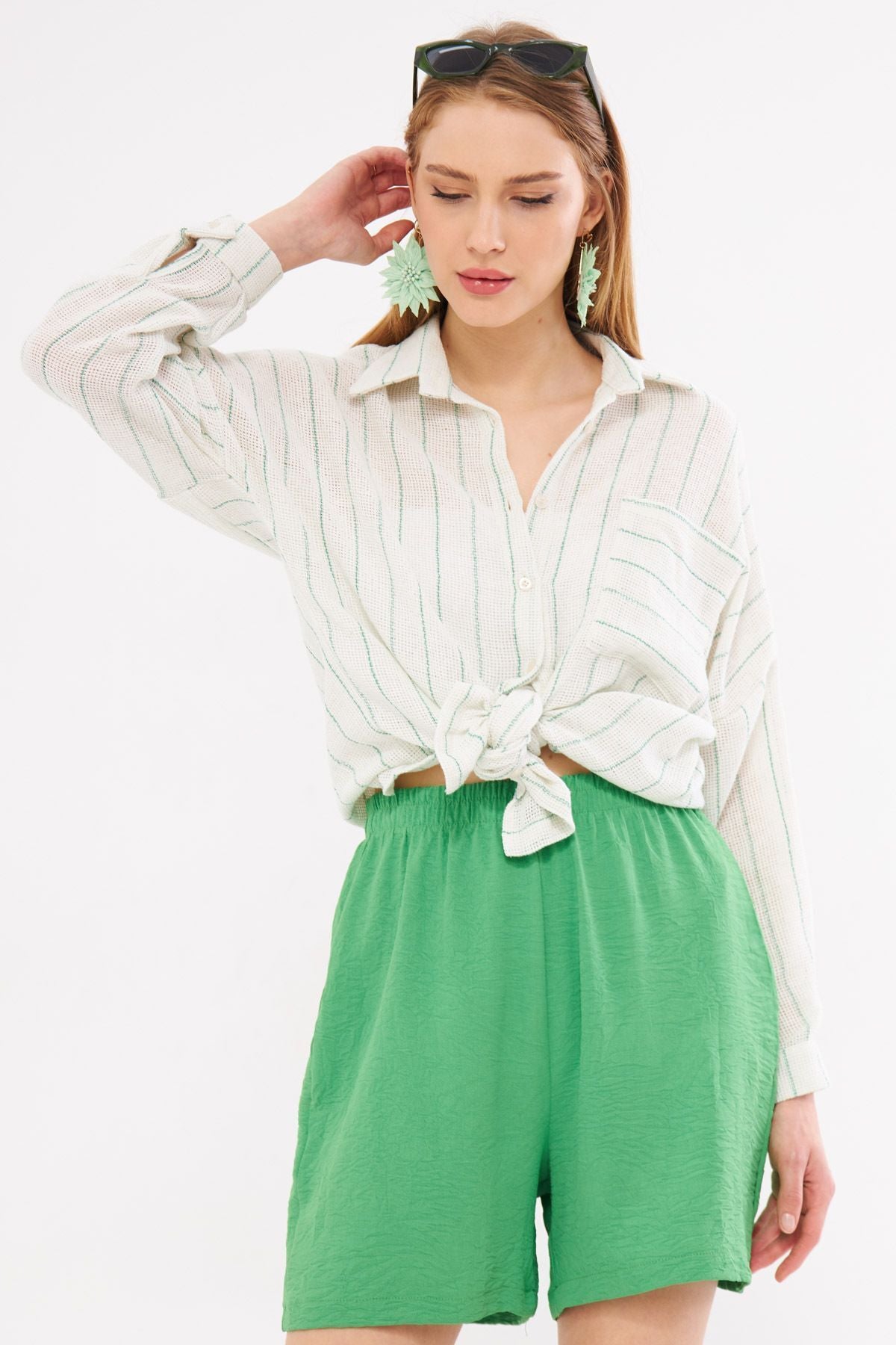 Female Green Long Sleeve Pocket detailed back Pleeled striped Oversize shirt ARM-24Y001053