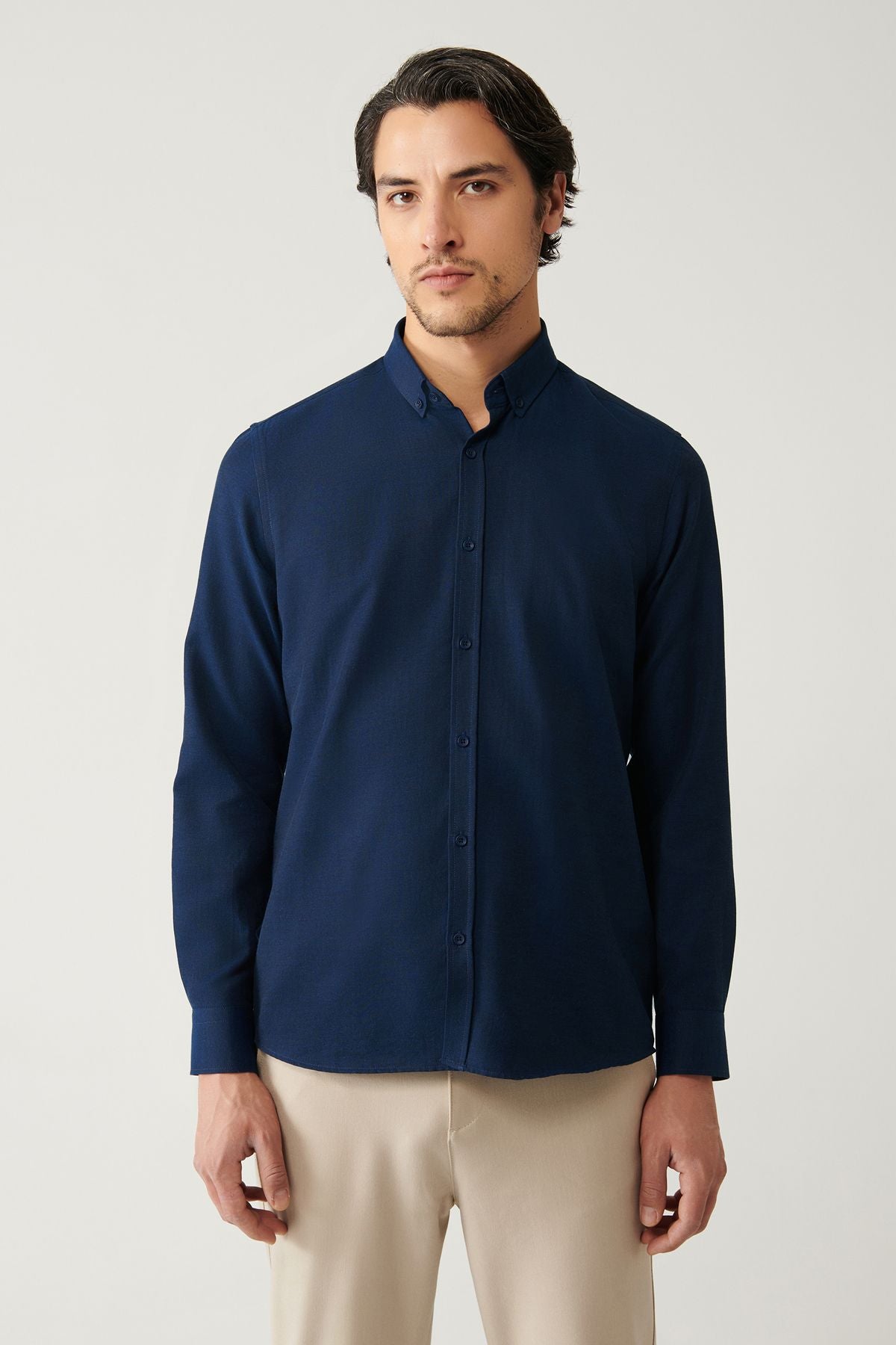 Men's navy blue button collar easily ironed cotton Oxford Shirt E002000