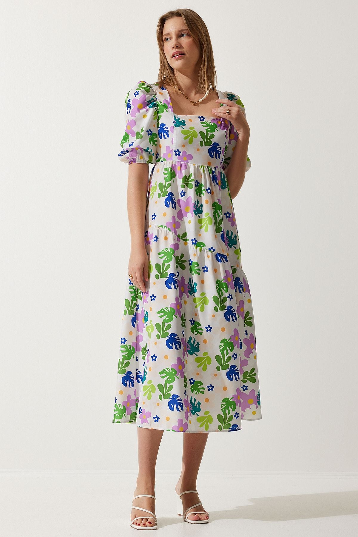 Women's Cream Green Patterned Square Collar Poplin Dress FN03178