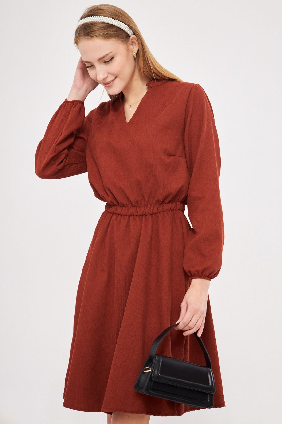 Female Tile Velvet V-Yaka Waist Tire Thin Fravable Clash Dress ARM-25K001049