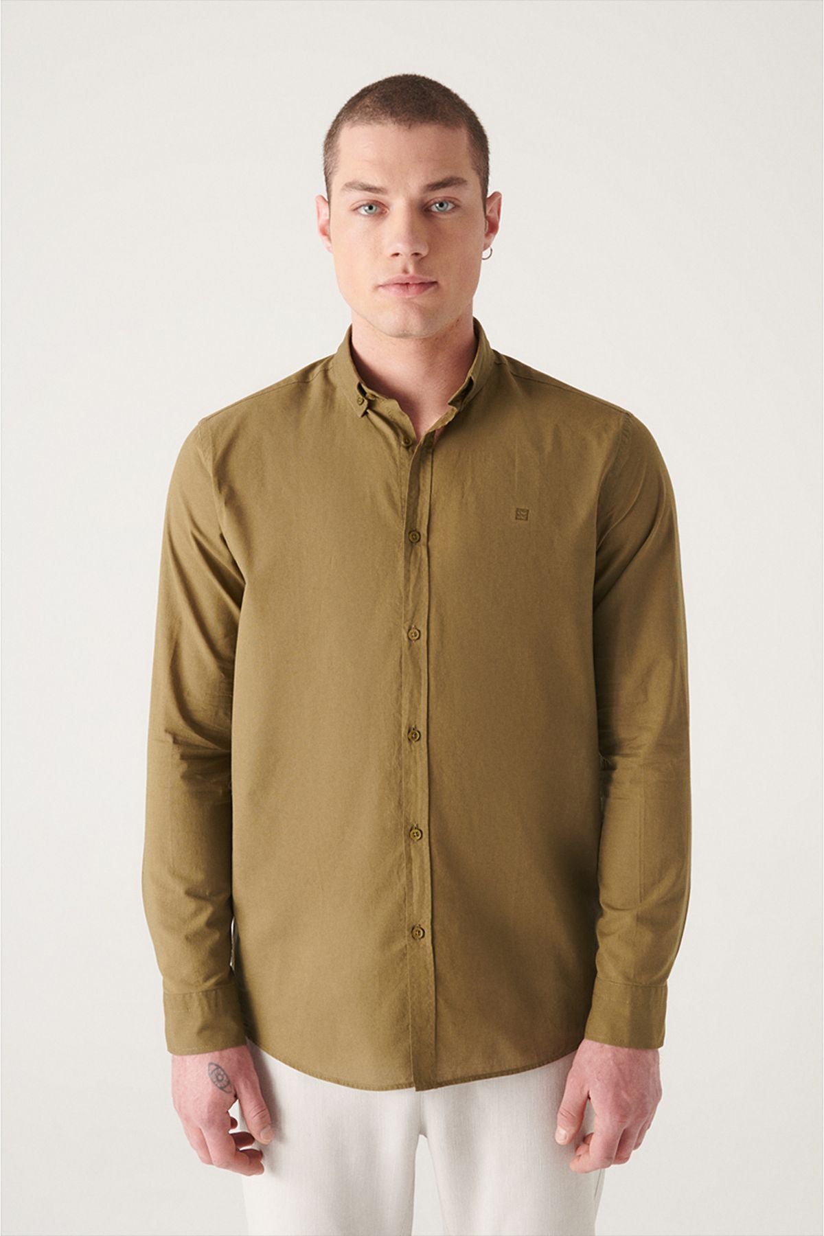 Men's Khaki 100 %Cotton Futter Soft key buttoned collar shirt E002206