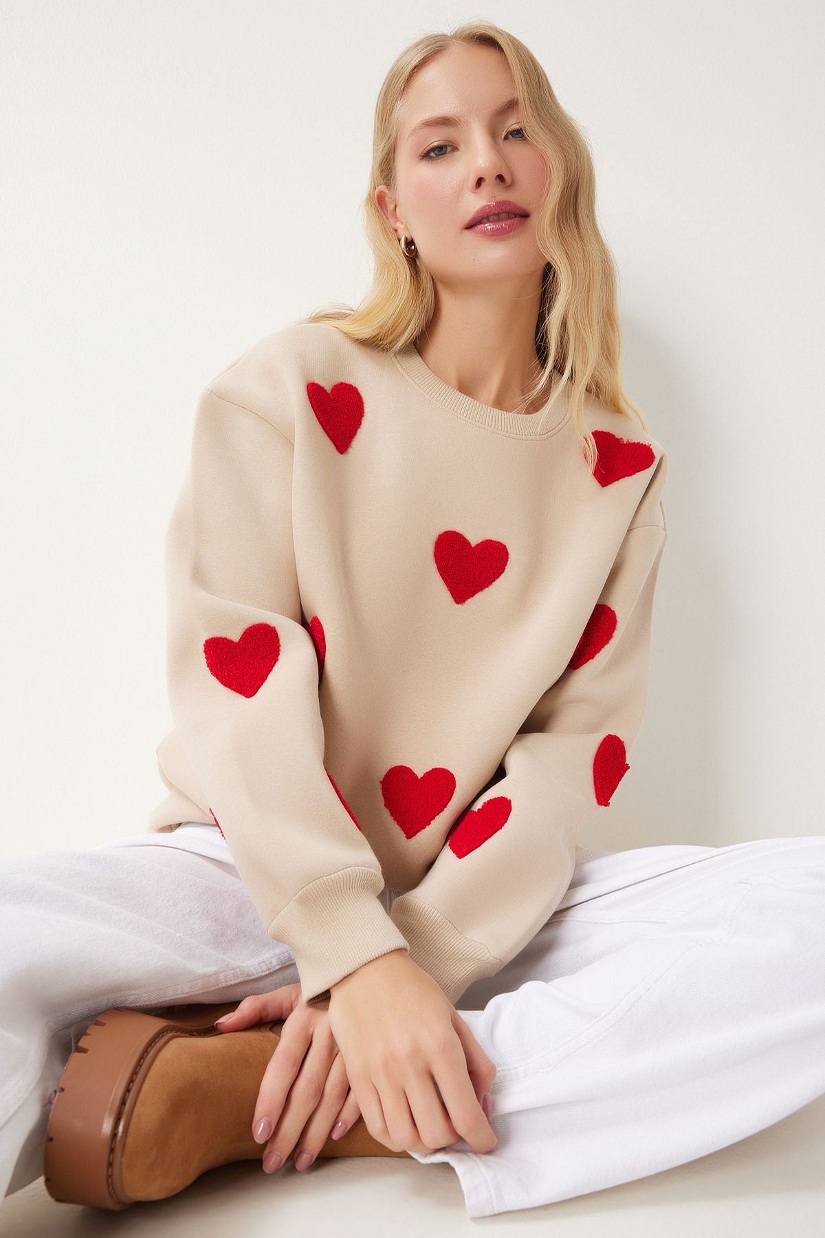 Female Biscuit Heart Textured Shadon Knitting Sweatshirt MP00030