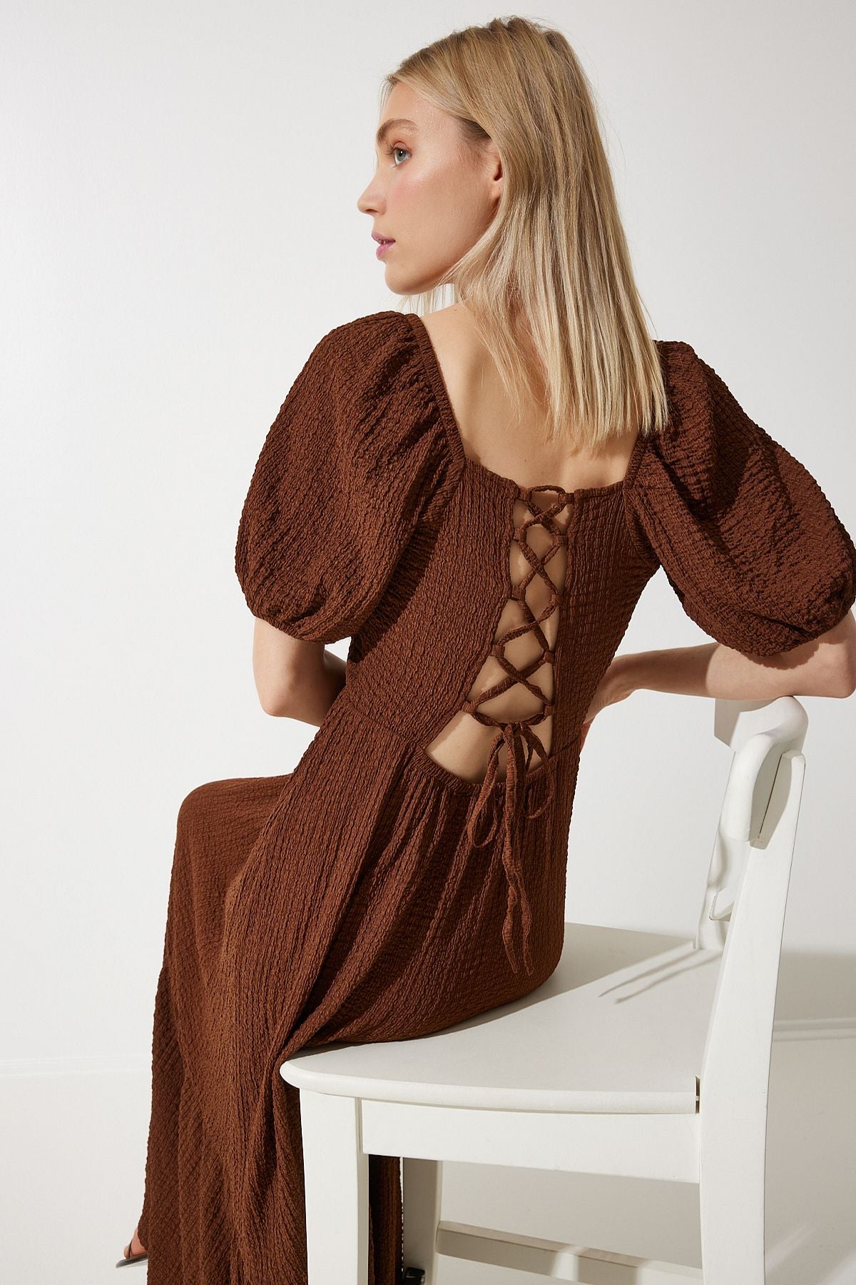 Female Brown Heart Collar textured summer knitted dress ub00050