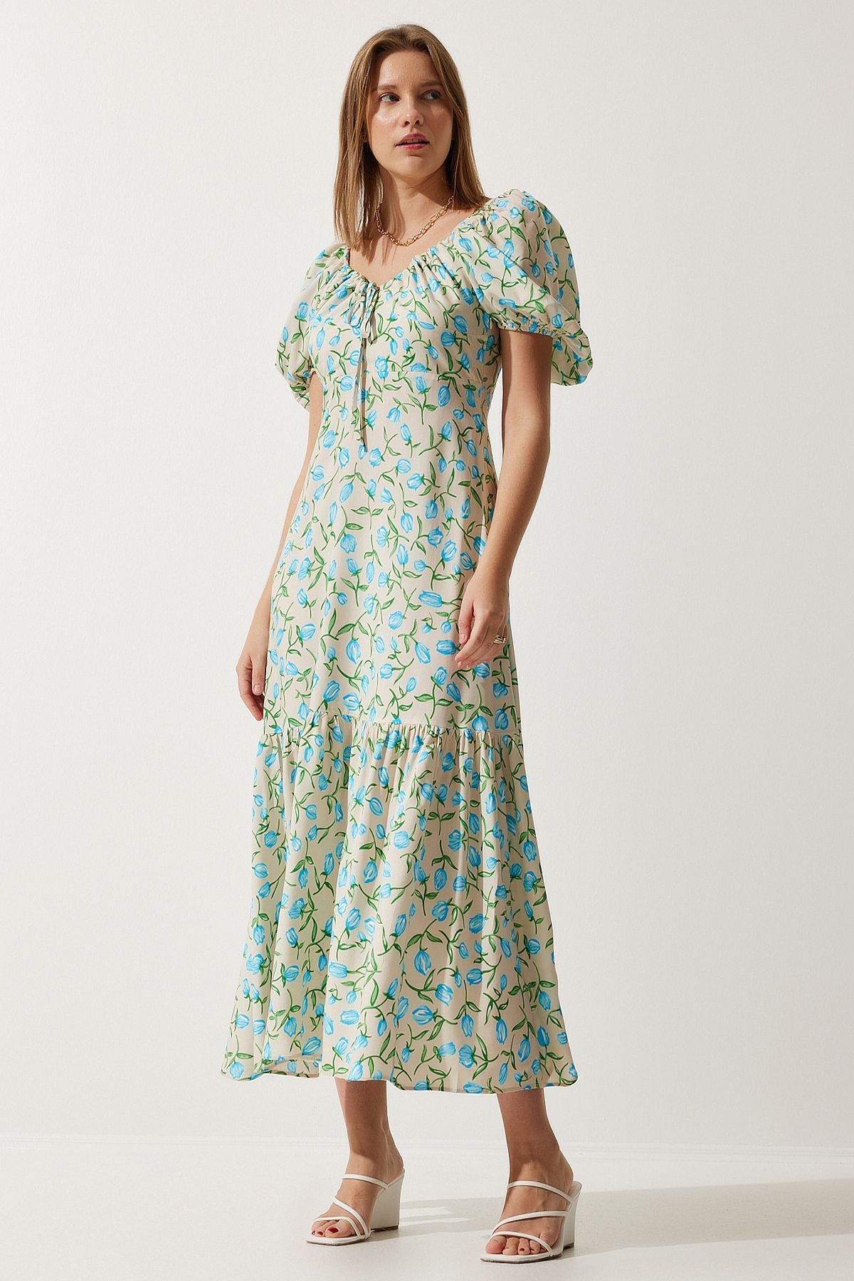 Female Beige Blue Patterned Balloon Sleeve Summer Viscose Dress FN03177