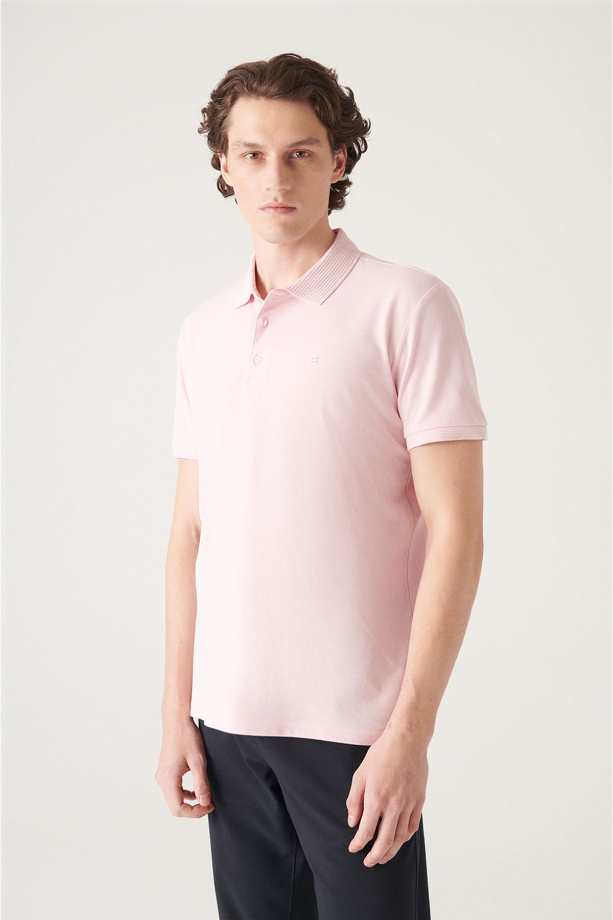 Men's light pink 3 button 100 %corn cotton Polo Yaka T-shirt B001027