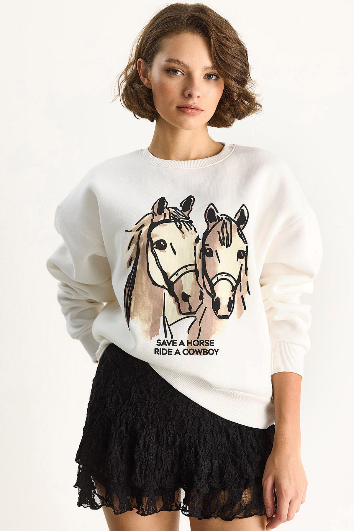 Women's Crew Neck Digital Cowboy Printed Loose Sweatshirt 6896 60283521