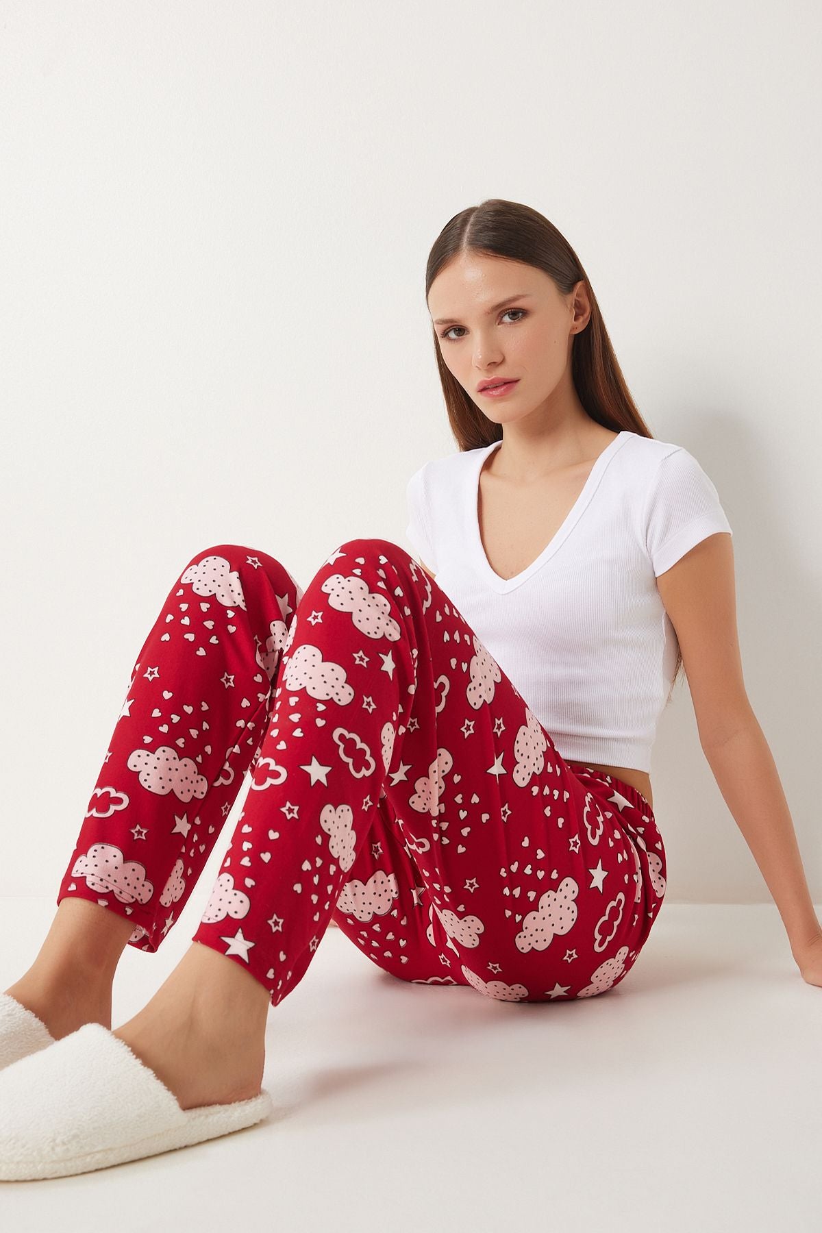 Woman Red Pink Patterned Soft textured knitting pajamas six EC00047