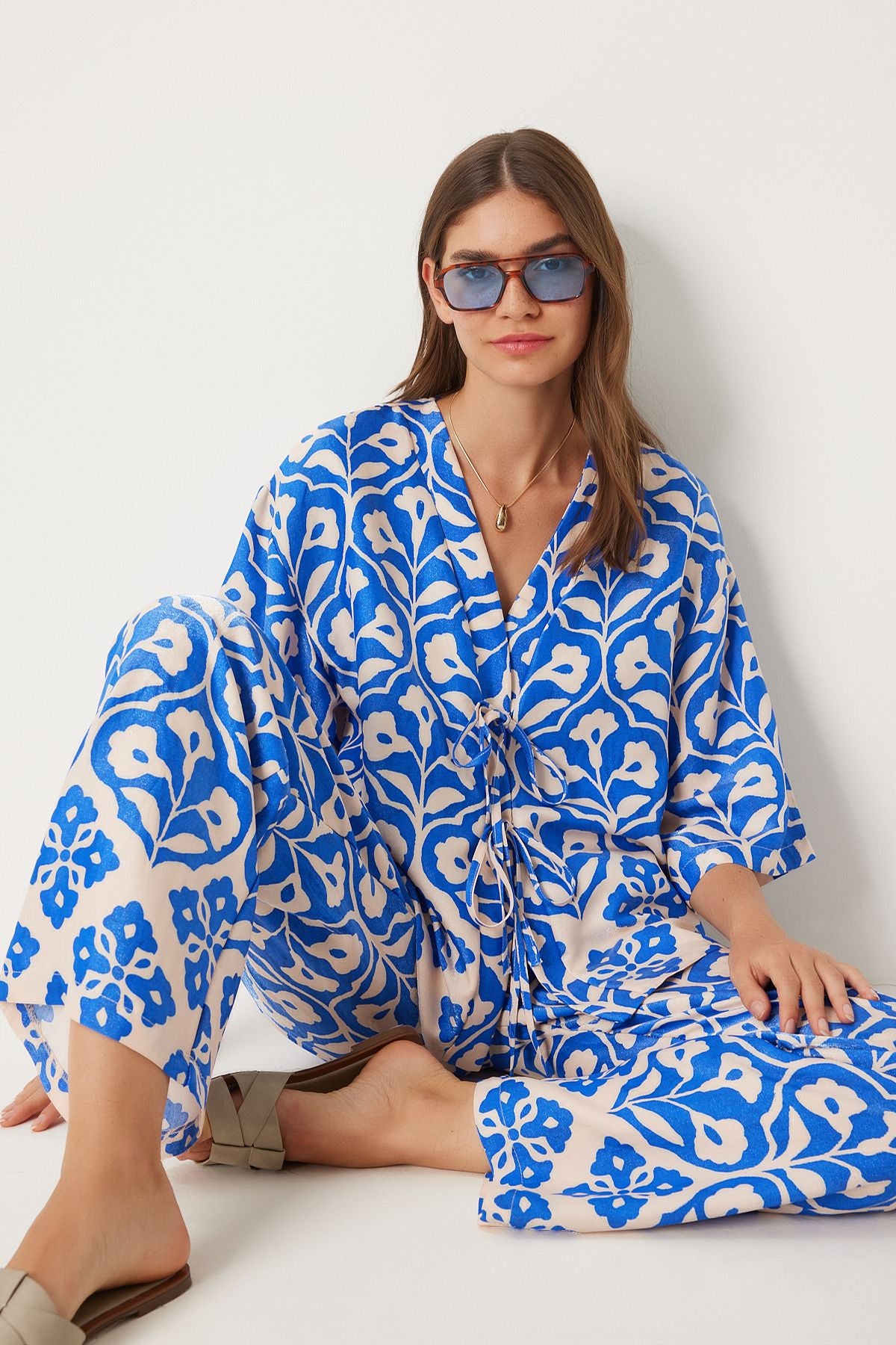Female Blue Cream Patterned Viscose Blouse Palazzo Set FN03278
