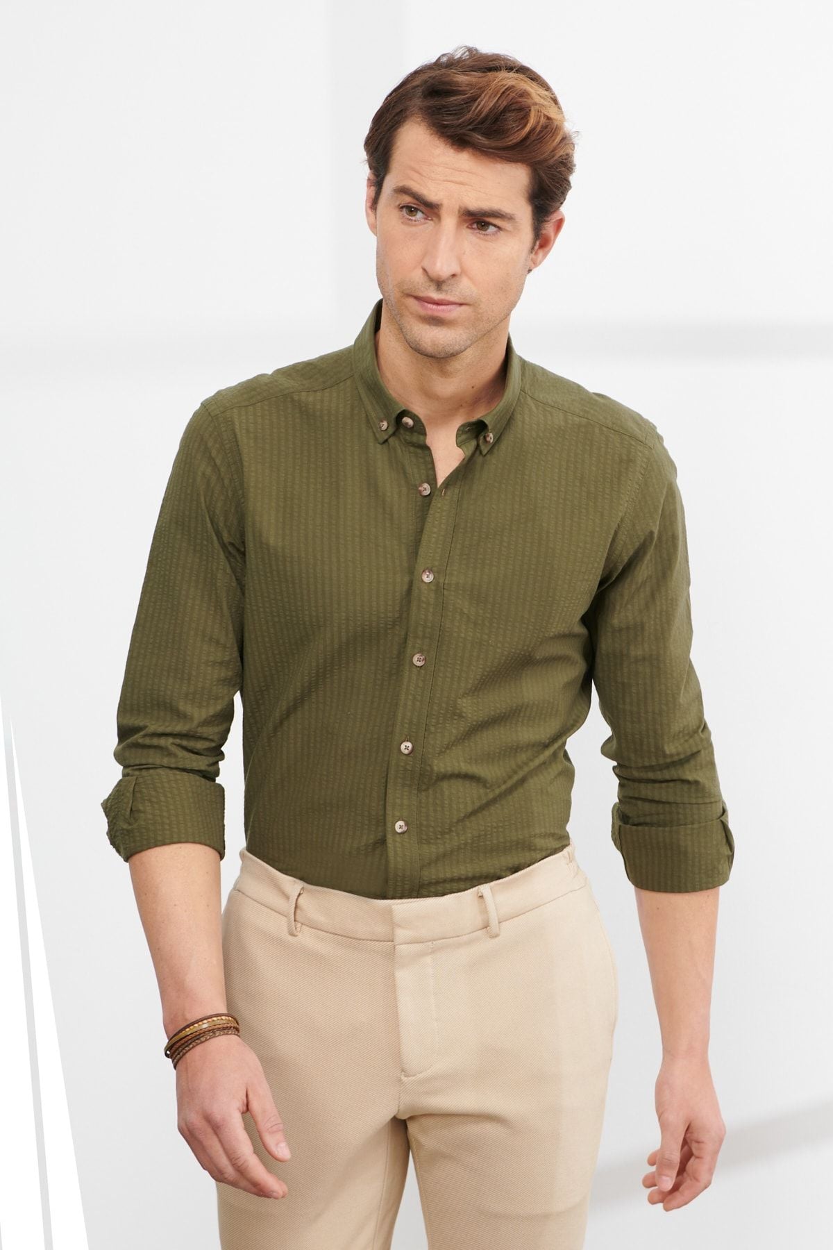 Male Khaki Slim Fit Narrow Cutting Buttoned Neck 100 %Cotton Shirt